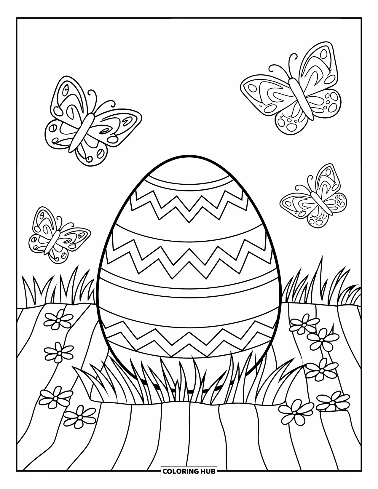 Easter Egg Coloring Page for Kids: Butterflies and flowers surround a zigzag Easter egg on a cloth