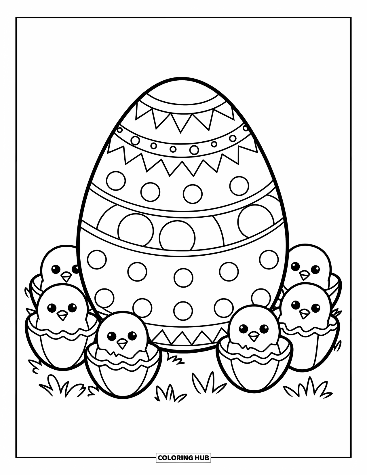Easter Egg Coloring Page for Kids: Chicks peek from shells around a dotted Easter egg
