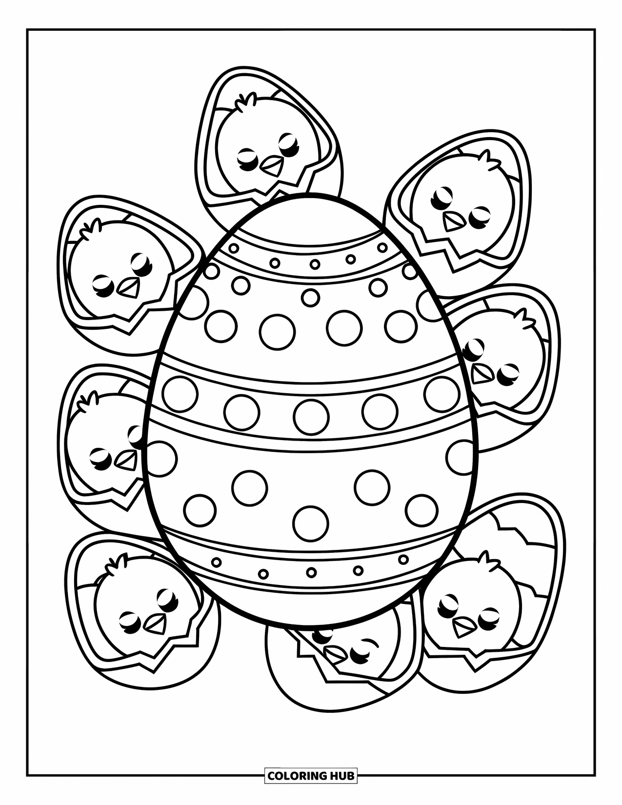 Easter Egg Coloring Page for Kids: Chicks with closed eyes surround a dotted Easter egg