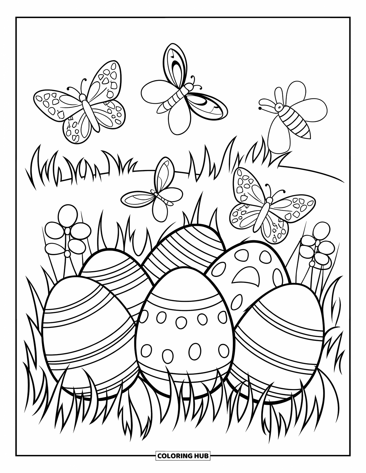 Easter Egg Coloring Page for Kids: Decorated Easter eggs rest in grass with butterflies and bees