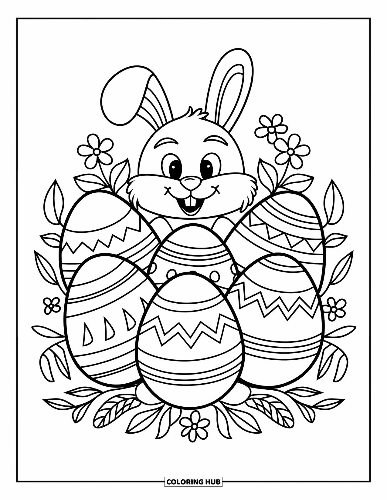 Easter Egg Coloring Page for Kids: Flowers and leaves surround a bunny peeking behind Easter eggs