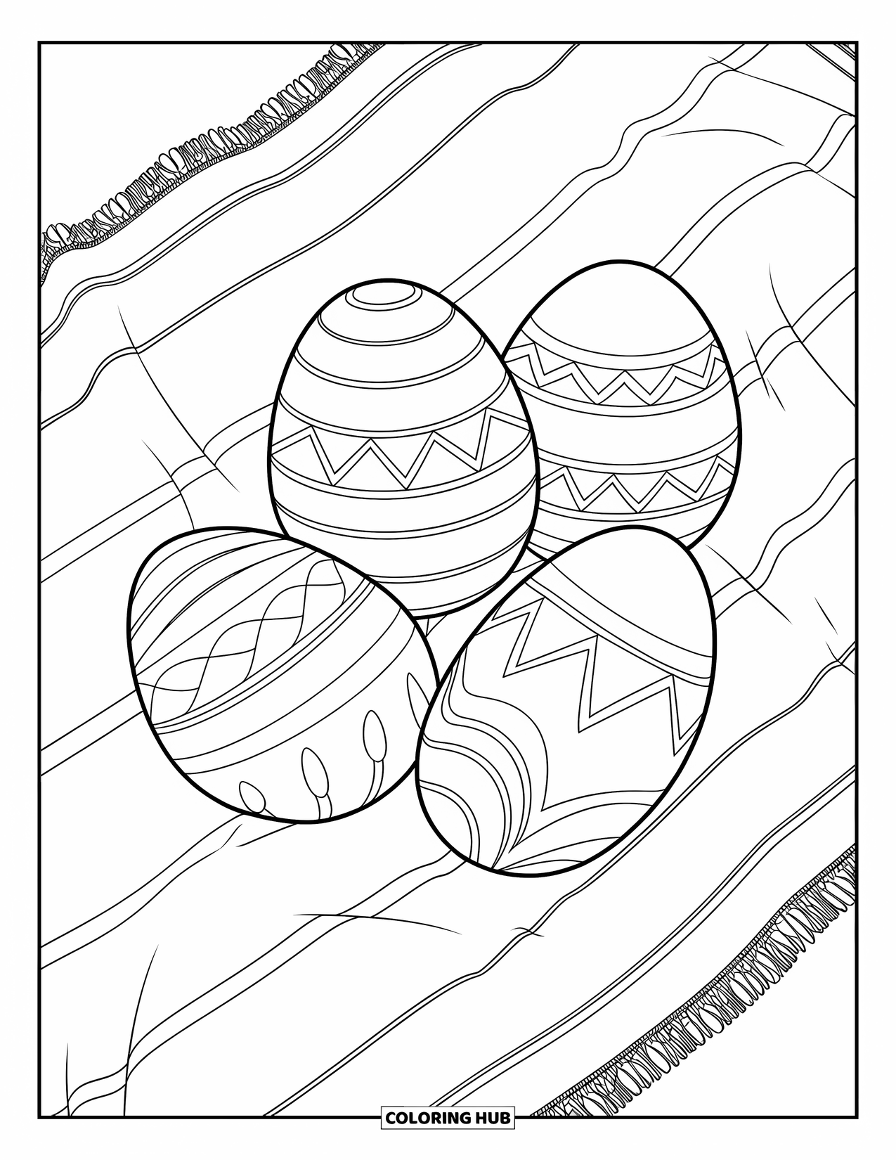 Easter Egg Coloring Page for Kids: Geometric Easter eggs rest on a picnic blanket with ribbons