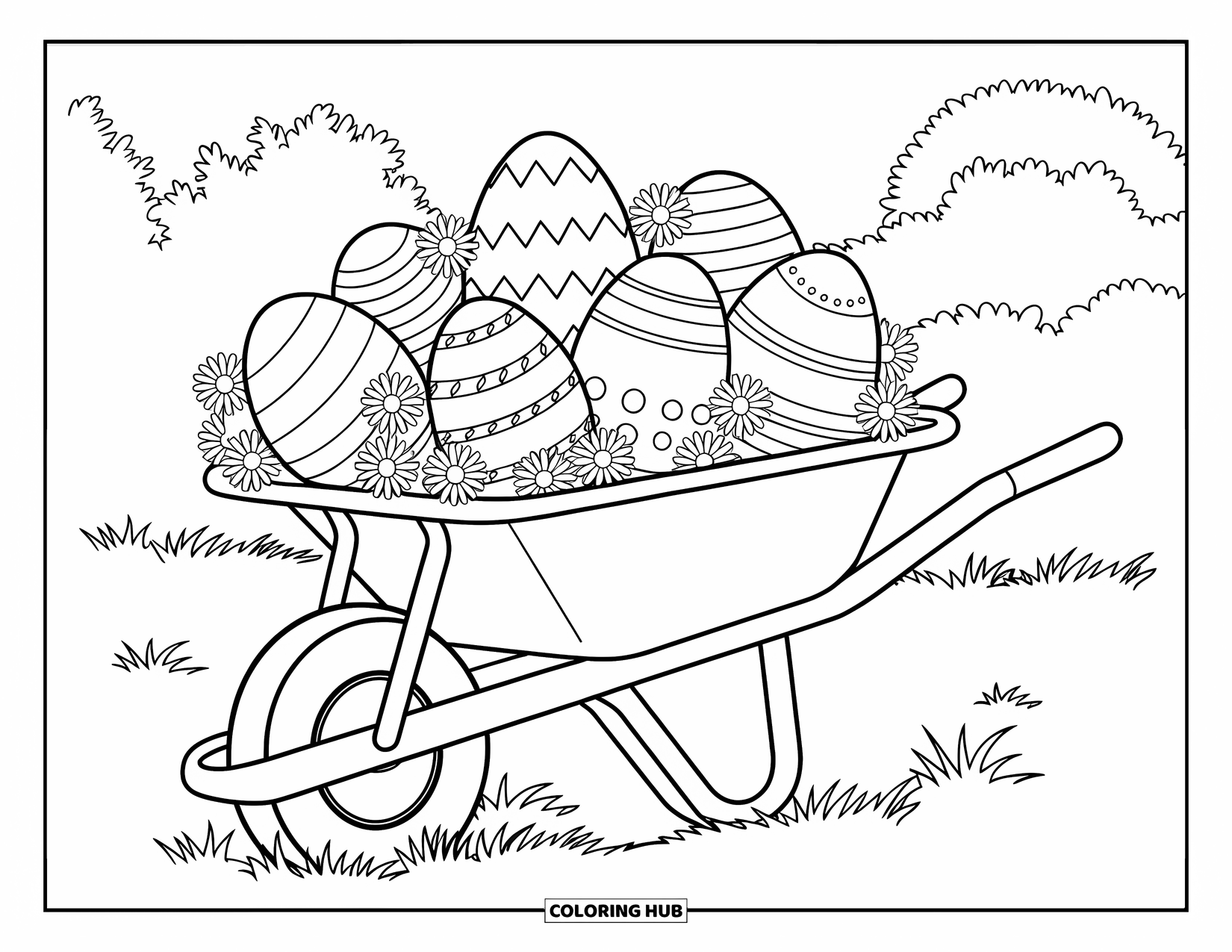 Easter Egg Coloring Page for Kids: Patterned Easter eggs fill a wheelbarrow surrounded by daisies