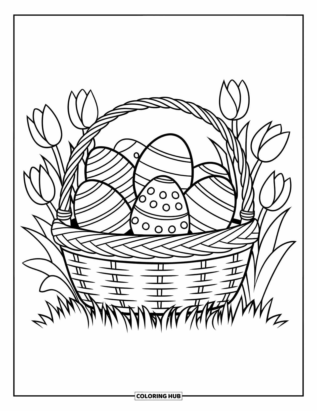Easter Egg Coloring Page for Kids: Patterned Easter eggs in a basket sit among tulips and grass