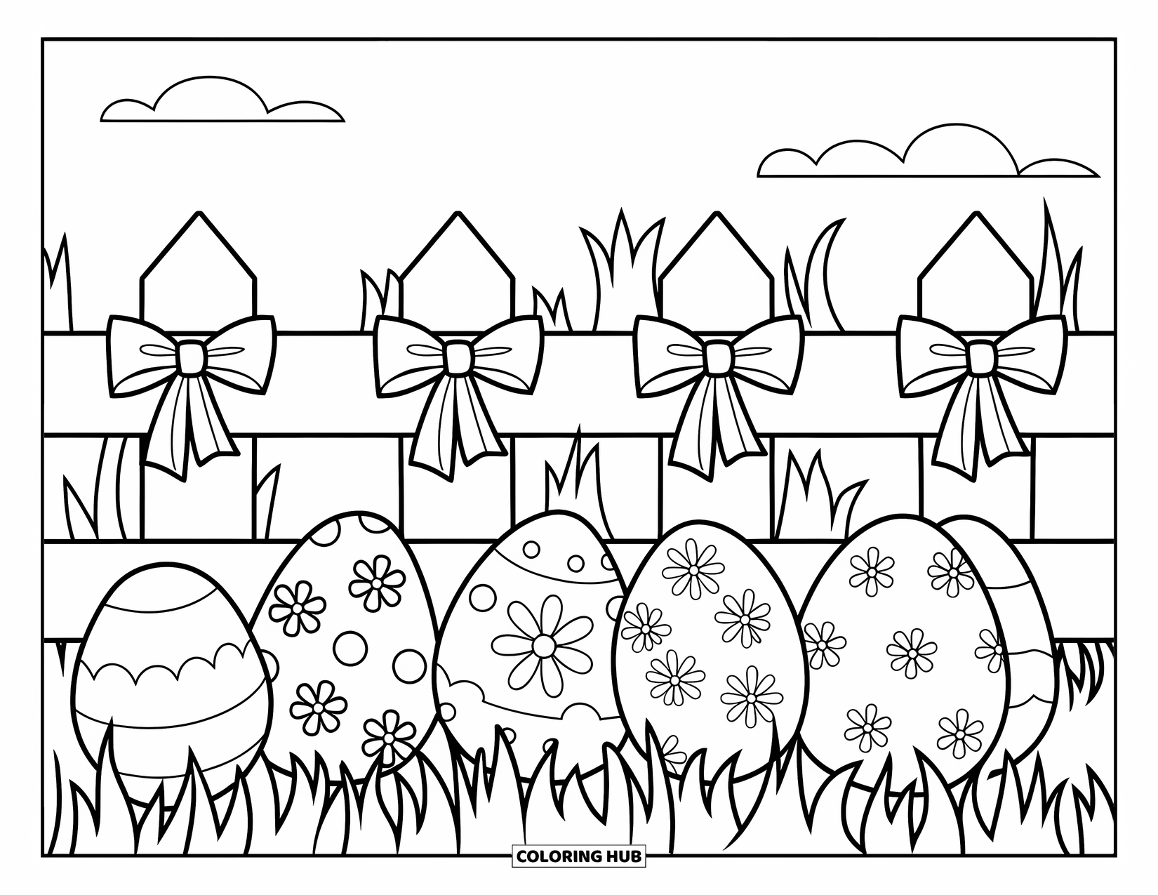 Easter Egg Coloring Page for Kids: Patterned Easter eggs rest near a wooden fence under a clear sky