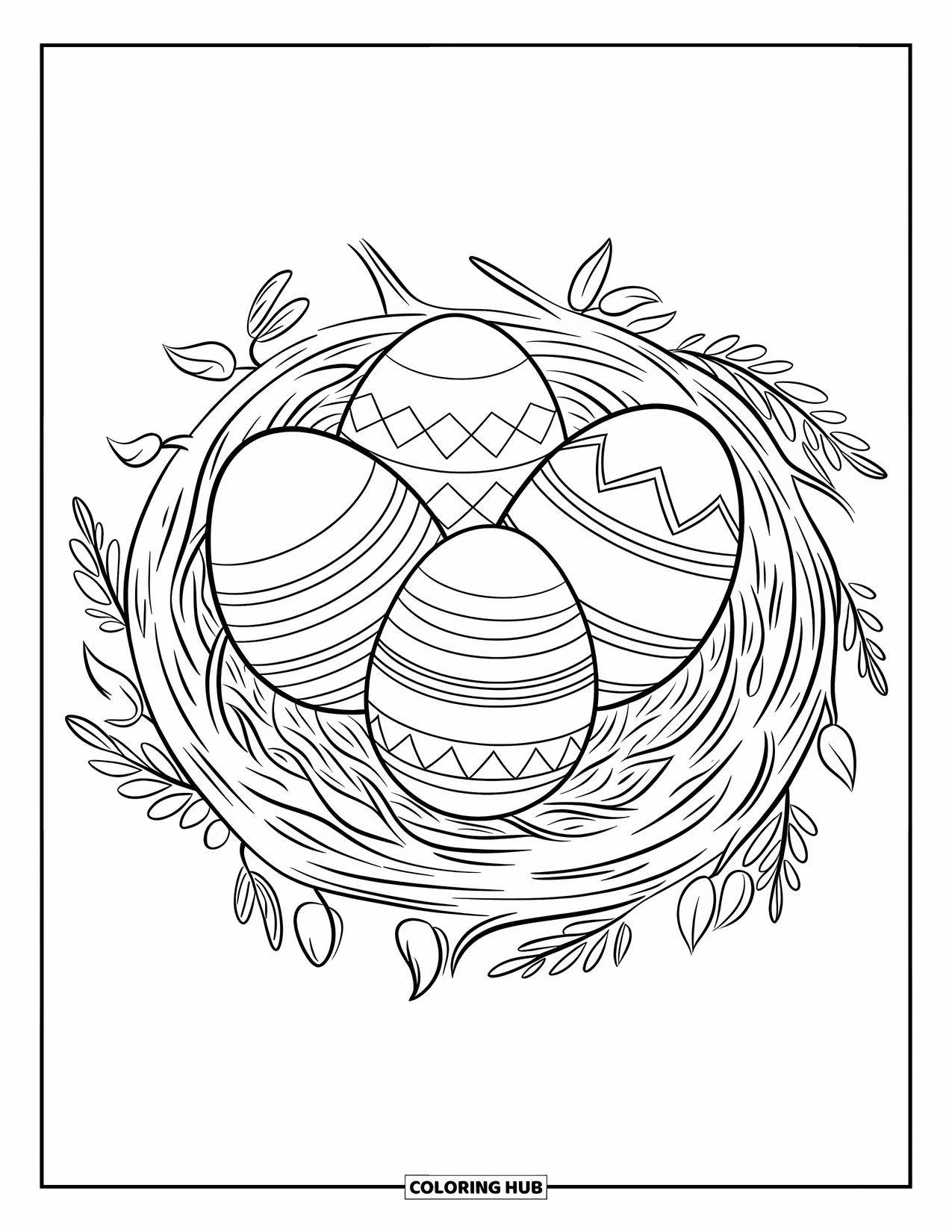 Easter Egg Coloring Page for Kids: Three decorated Easter eggs rest in a nest of twigs
