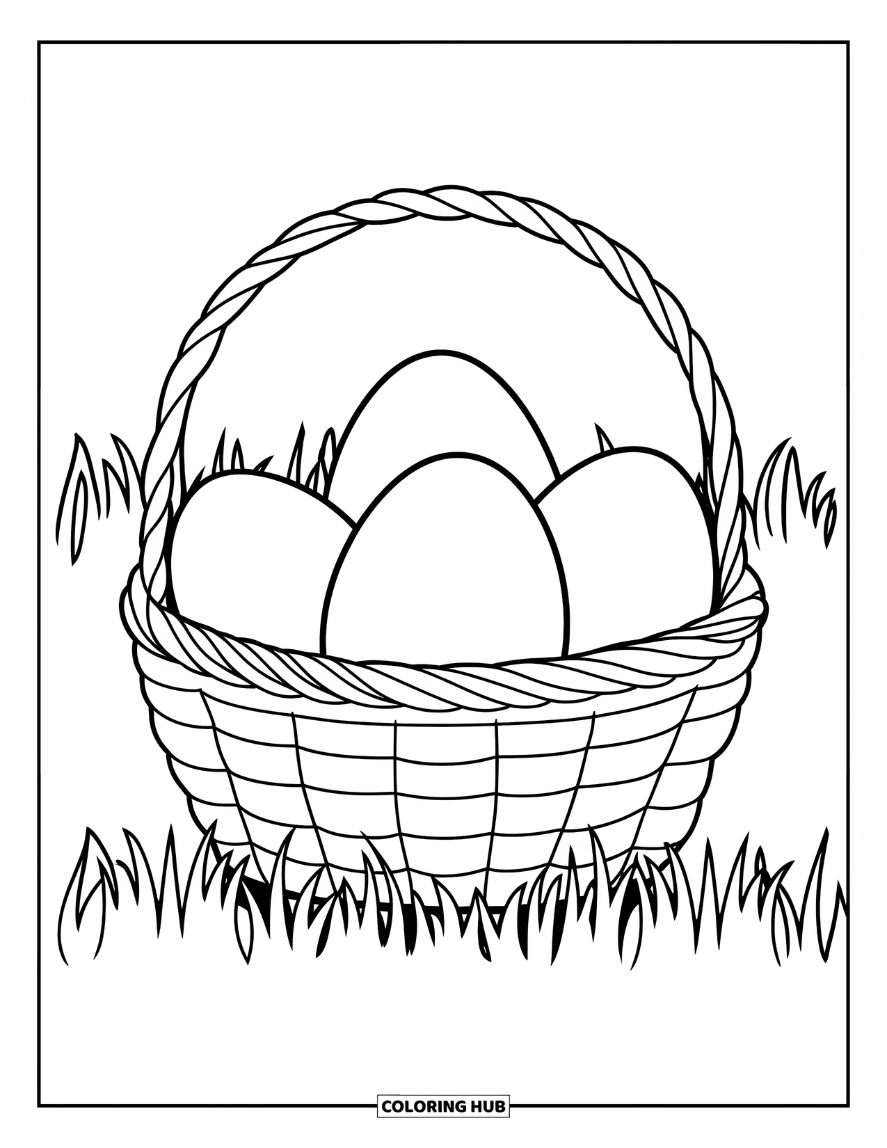 Easter Egg Coloring Page for Kids: Three plain eggs rest inside a basket on grassy ground