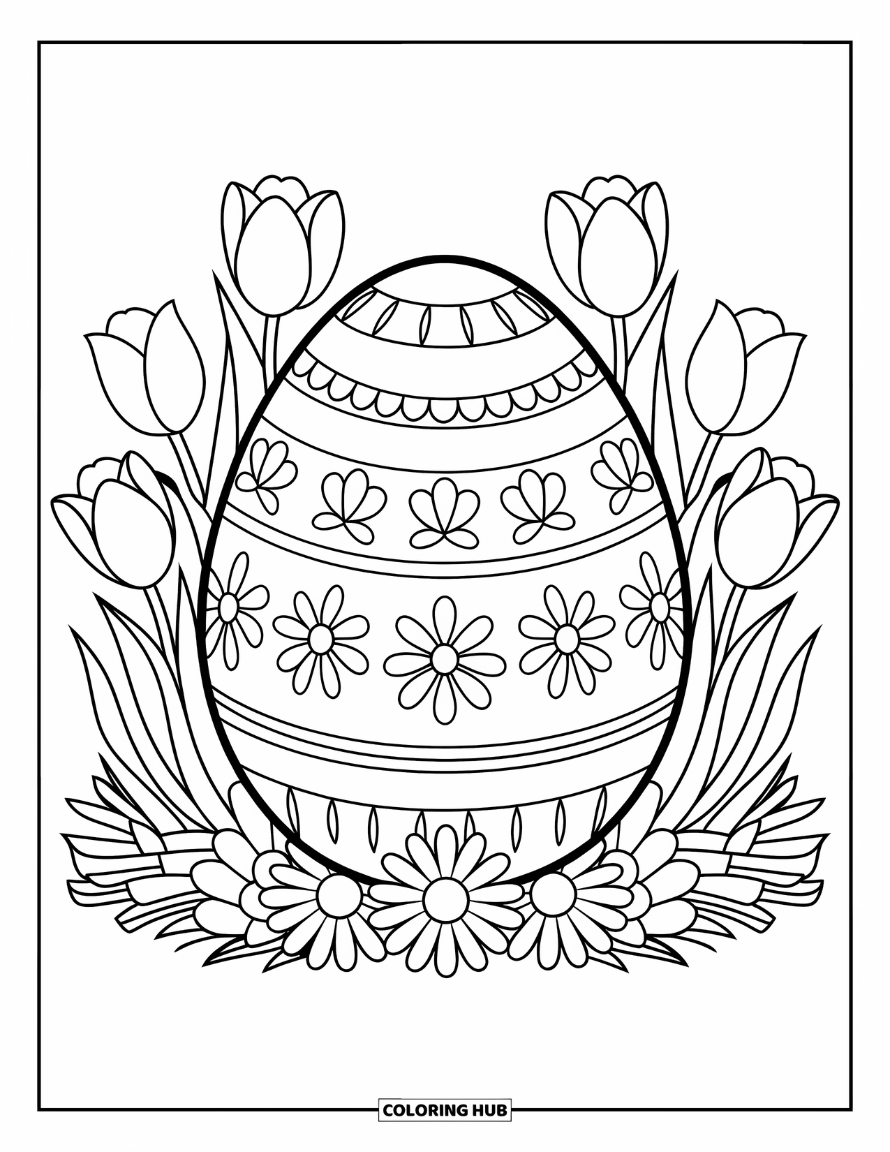 Easter Egg Coloring Page for Kids: Tulips and daisies surround a decorated Easter egg