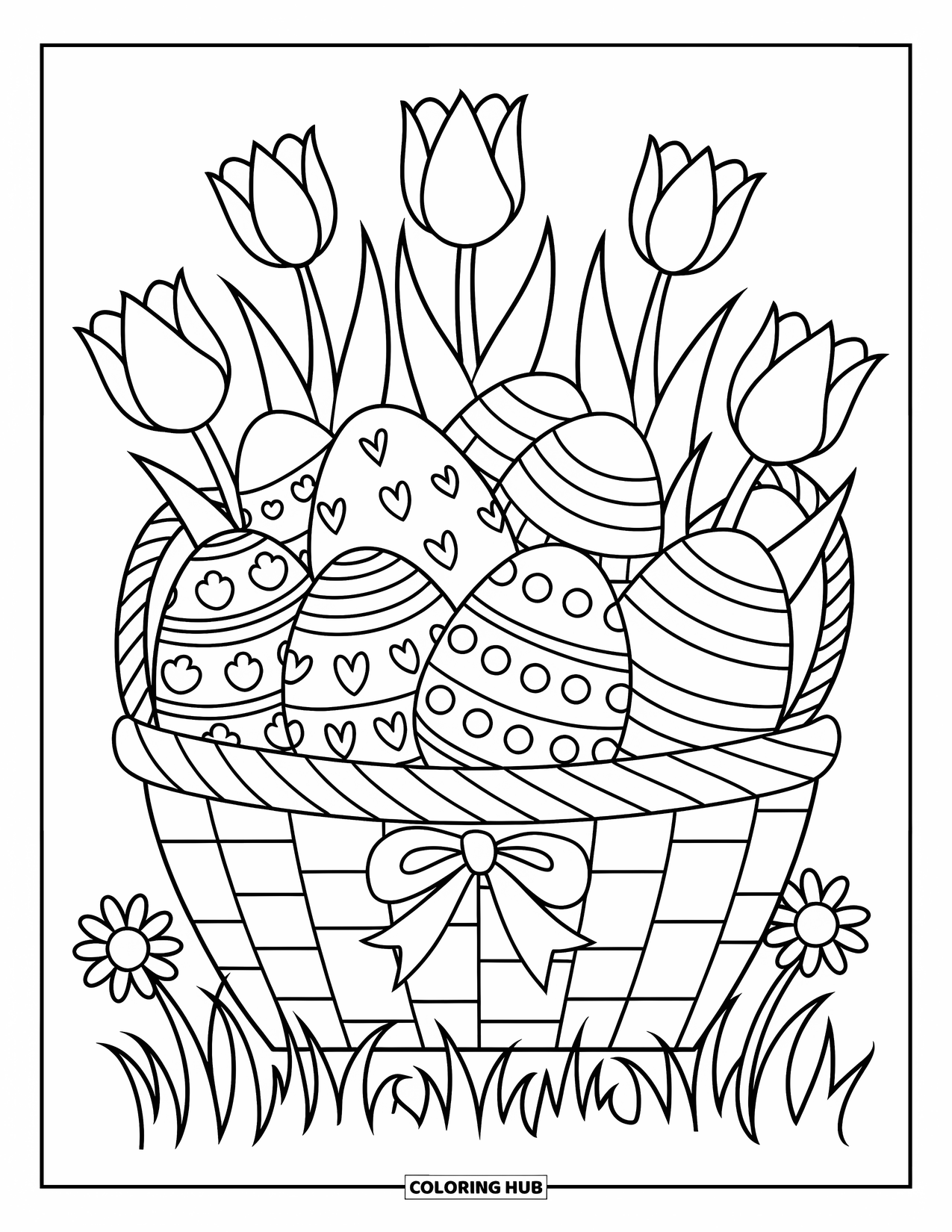 Easter Egg Coloring Page for Kids: Tulips surround a ribboned basket filled with patterned Easter eggs