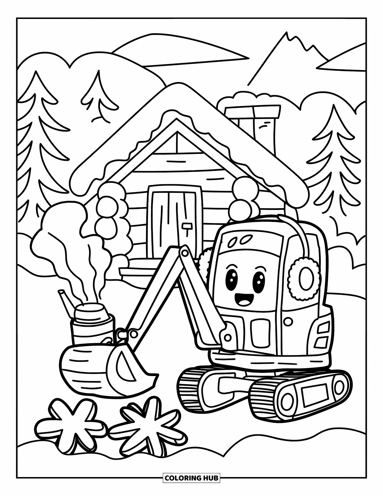 Excavator Coloring Page for Adults: A cheerful excavator in the snow clears flakes near a cabin and warm cocoa