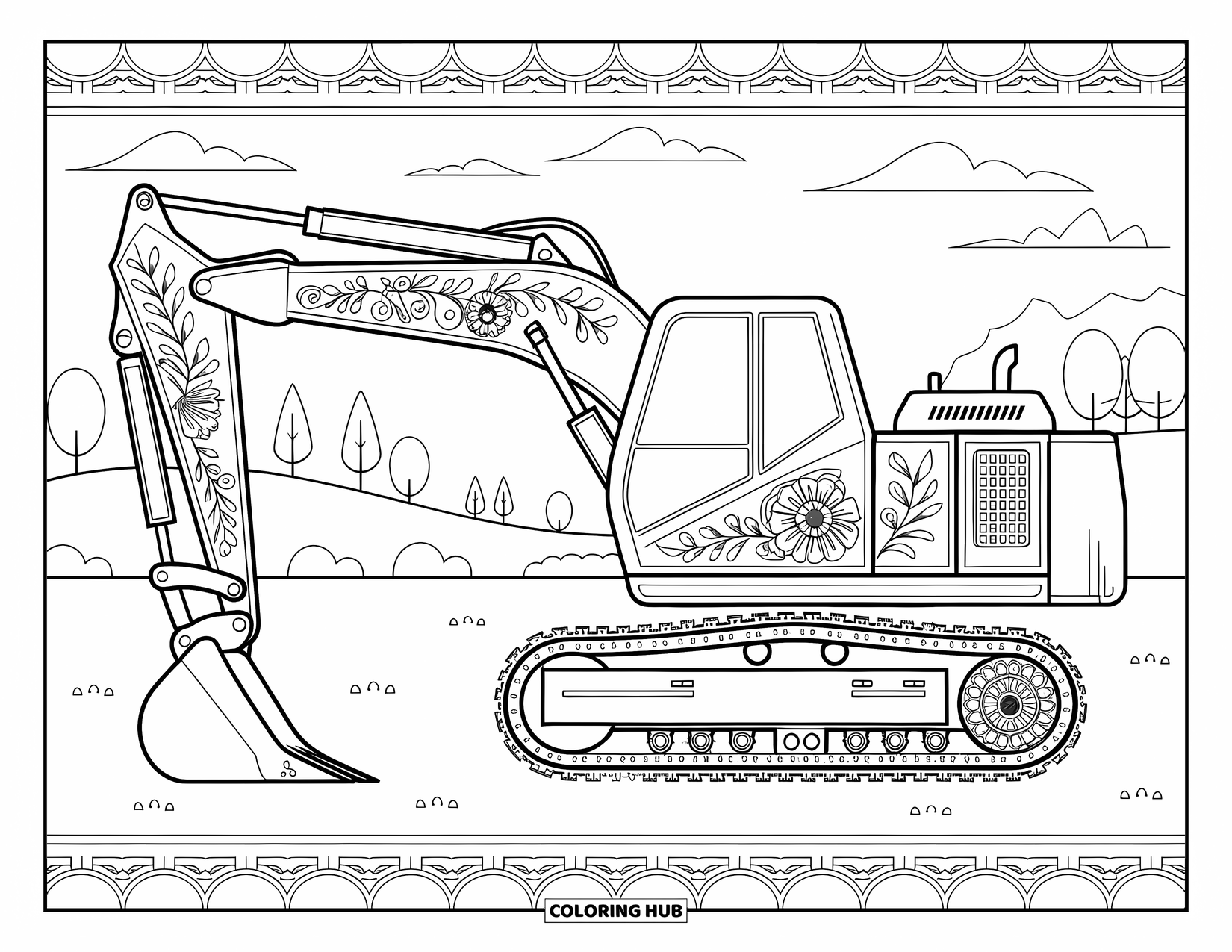 Excavator Coloring Page for Adults: A detailed vintage excavator with floral designs stands in a peaceful landscape