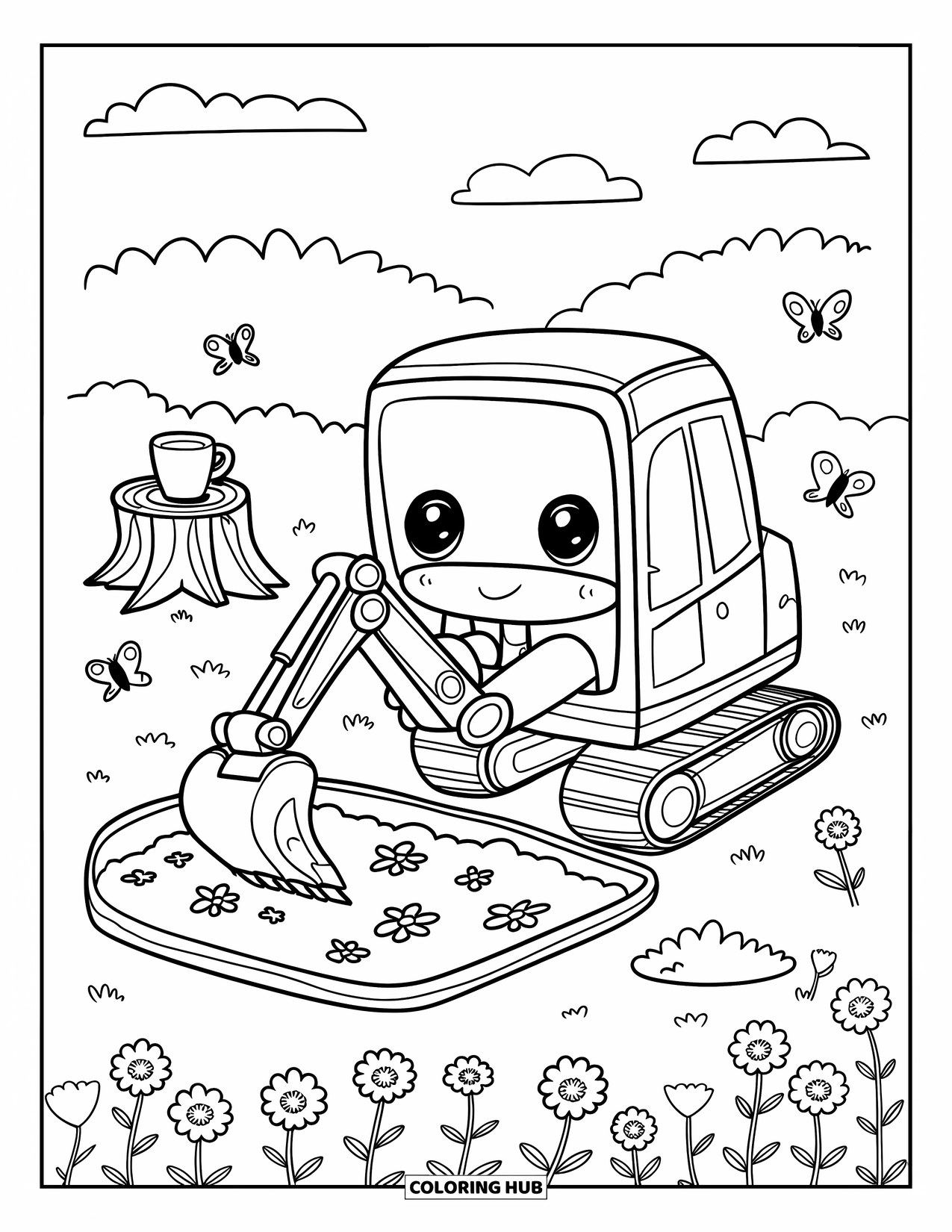 Excavator Coloring Page for Adults: A gentle excavator lifts heart pebbles near butterflies and a stump with warm tea