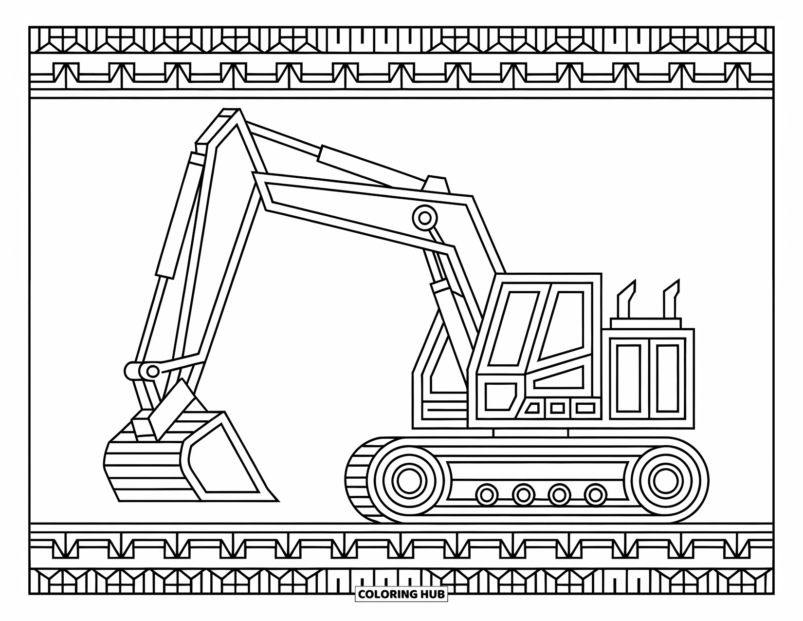 Excavator Coloring Page for Adults: A geometric excavator made of shapes is surrounded by a patterned background