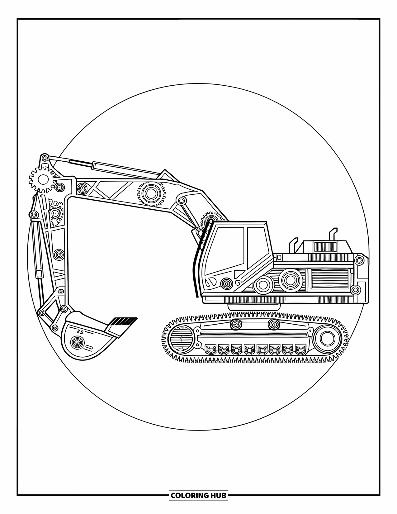 Excavator Coloring Page for Adults: A mandala excavator design is centered inside a circular frame