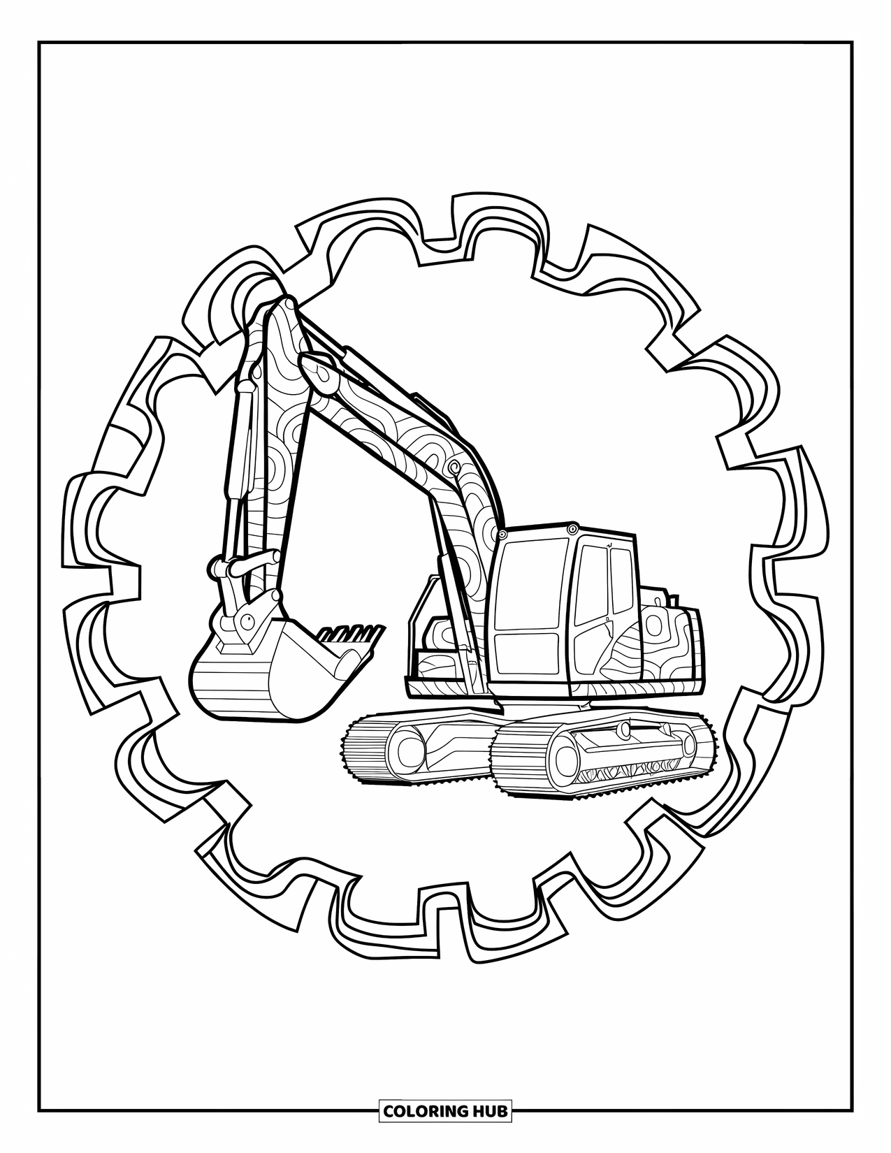 Excavator Coloring Page for Adults: A patterned excavator with two buckets sits inside a spiral and wave frame