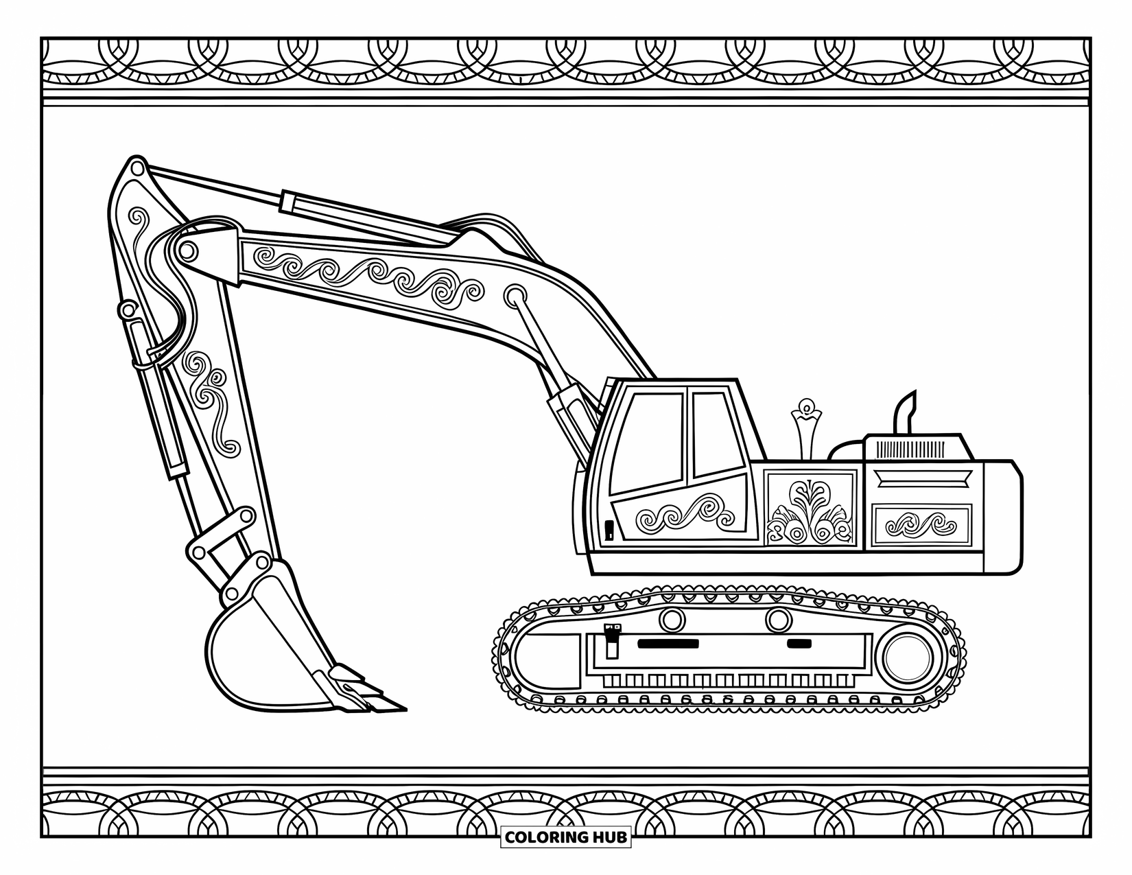 Excavator Coloring Page for Adults: A retro excavator with decorative patterns is framed by an artistic border