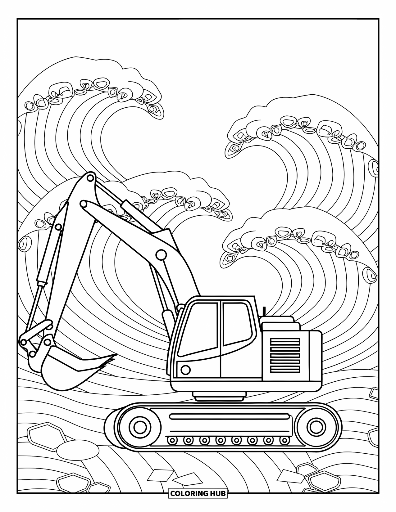 Excavator Coloring Page for Adults: A stylized excavator stands among flowing wave and stone patterns