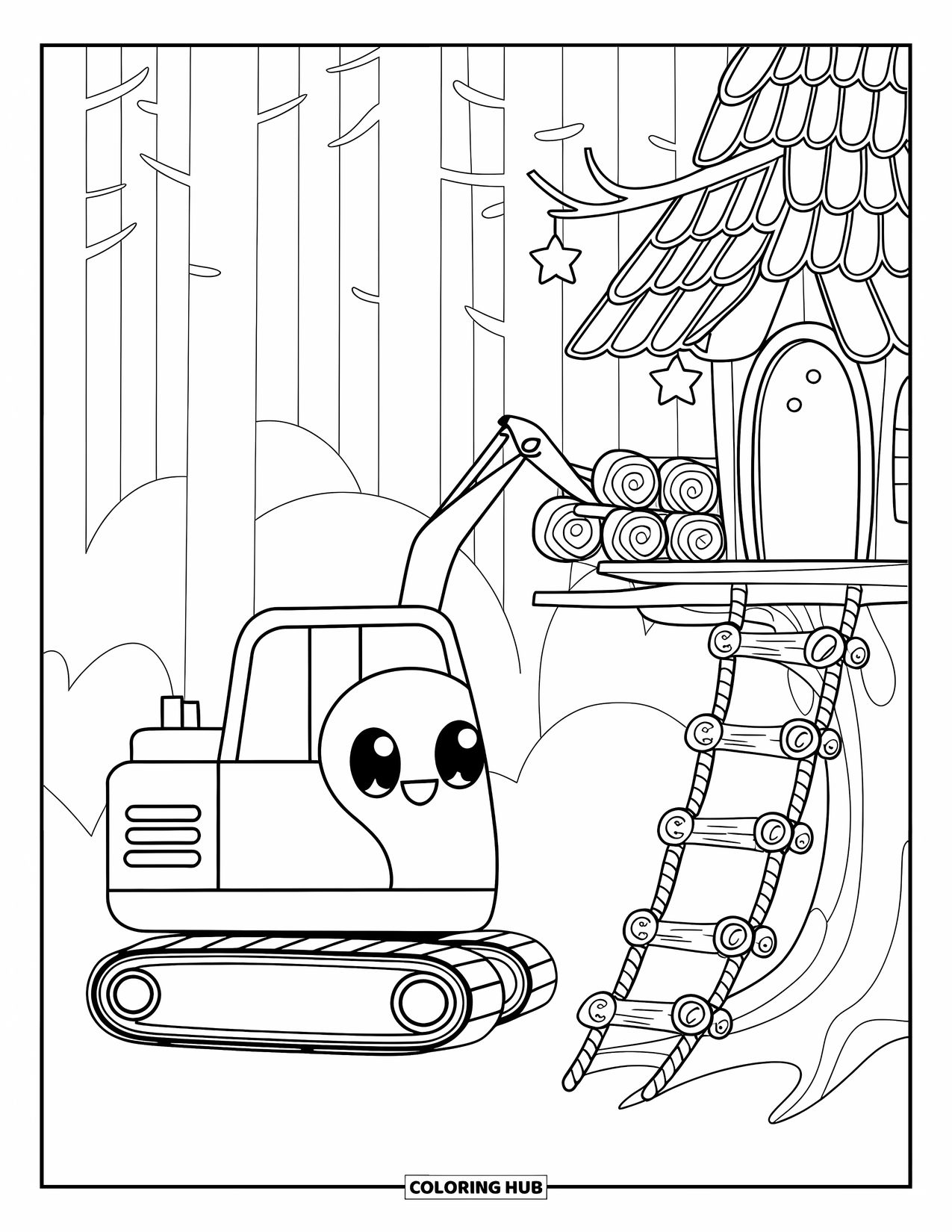 Excavator Coloring Page for Adults: A sweet excavator helps build a treehouse while stars dangle from the branches