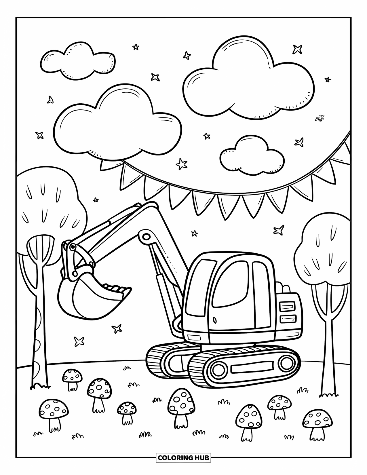 Excavator Coloring Page for Adults: An adorable excavator raises clouds near trees with bunting and tiny mushrooms below