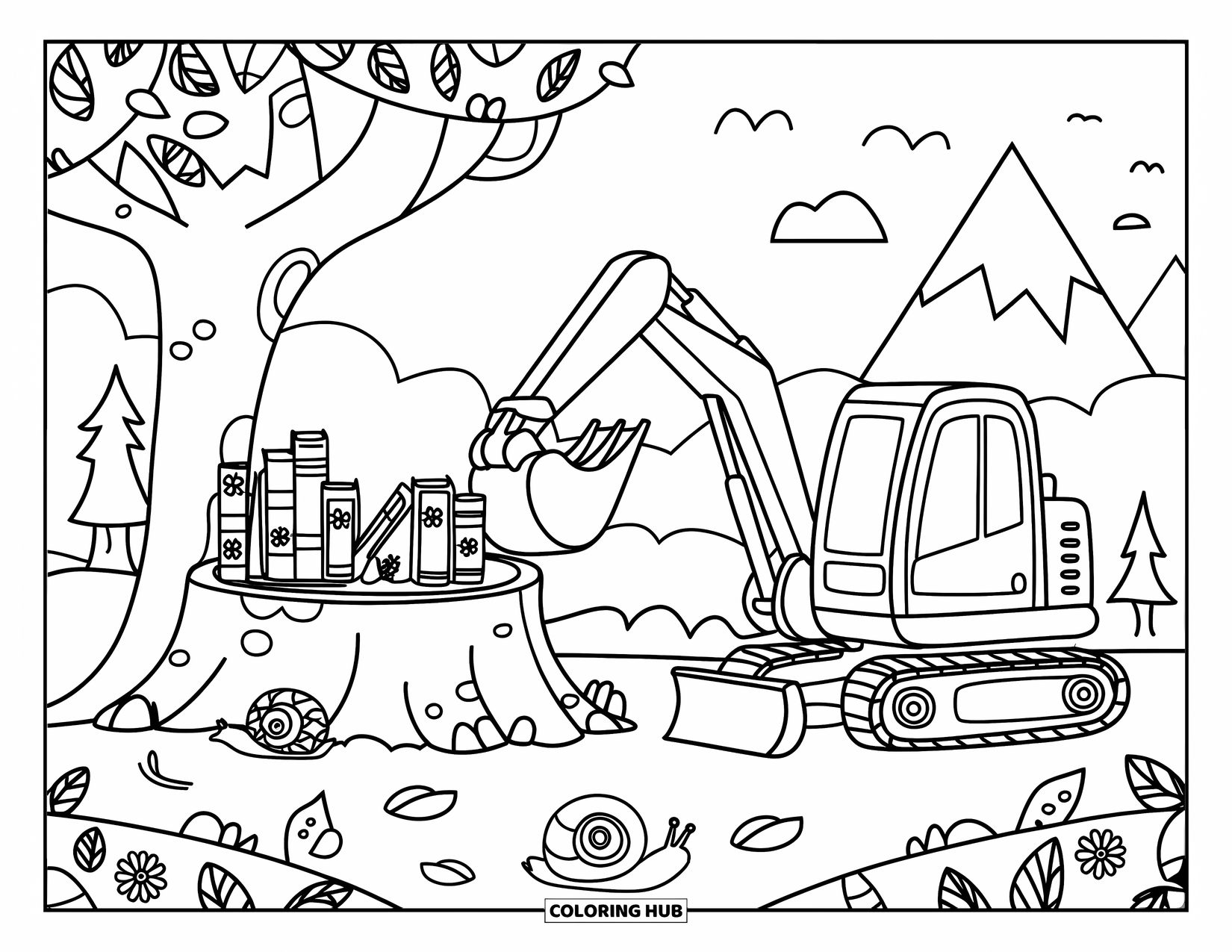Excavator Coloring Page for Adults: An adorable excavator unloads books near a cozy forest library with tiny snails nearby