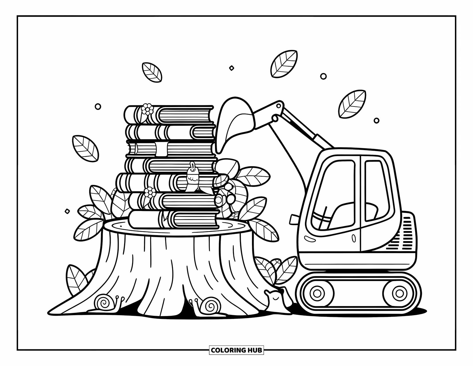 Excavator Coloring Page for Adults: An excavator delivers tiny books near a library stump, with snails and floating leaves