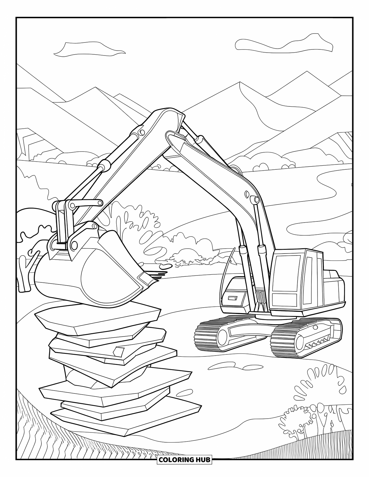 Excavator Coloring Page for Adults: An excavator lifts floating shapes in a peaceful landscape of mountains and water
