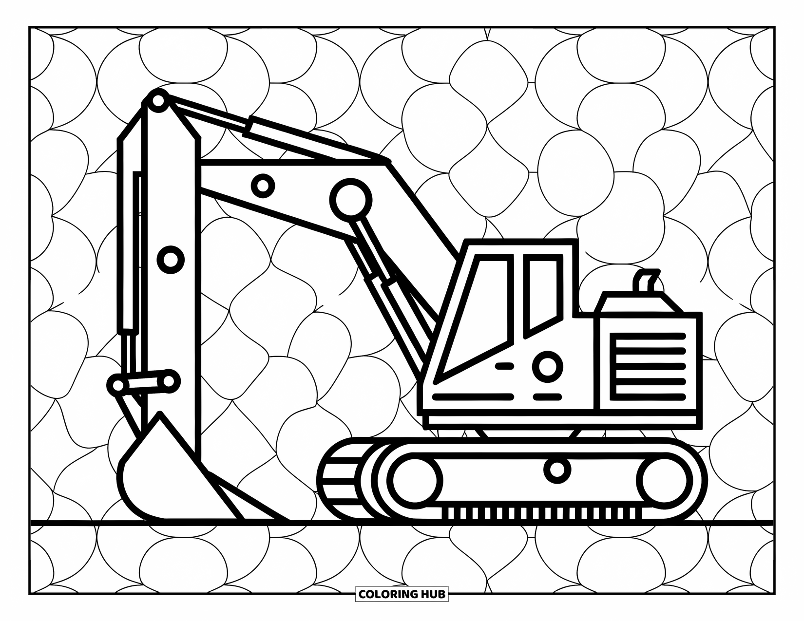 Excavator Coloring Page for Adults: An excavator made of triangles and squares sits in front of circular patterns