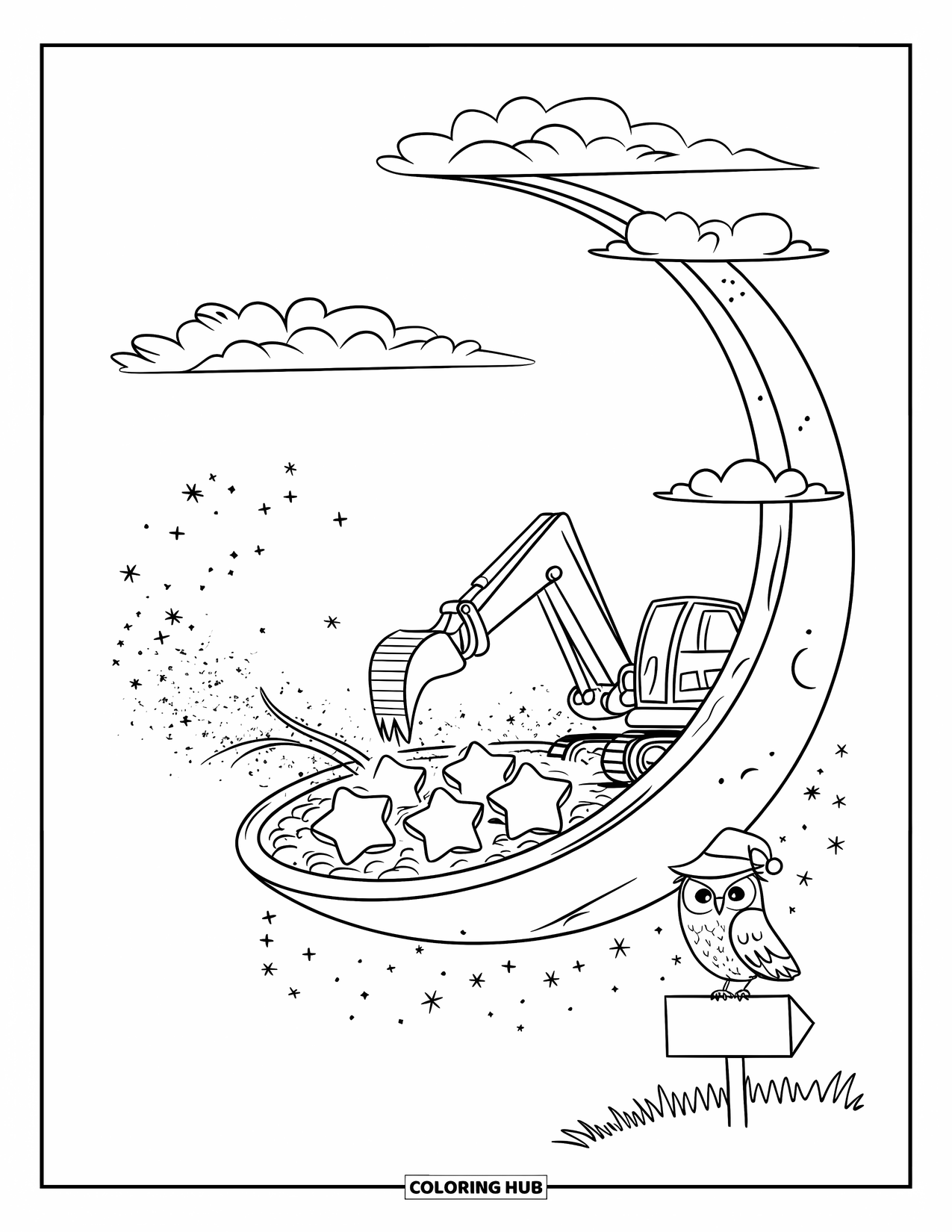 Excavator Coloring Page for Adults: An excavator places glowing stars in a moon pit while clouds and sparkles float above
