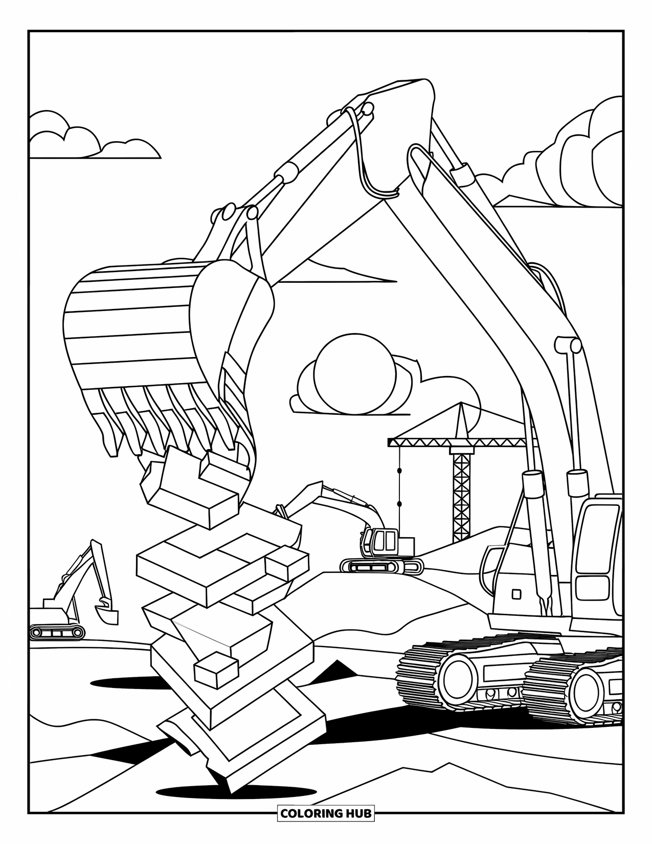 Excavator Coloring Page for Adults: An excavator raises abstract shapes with a crane and mountains in the distance
