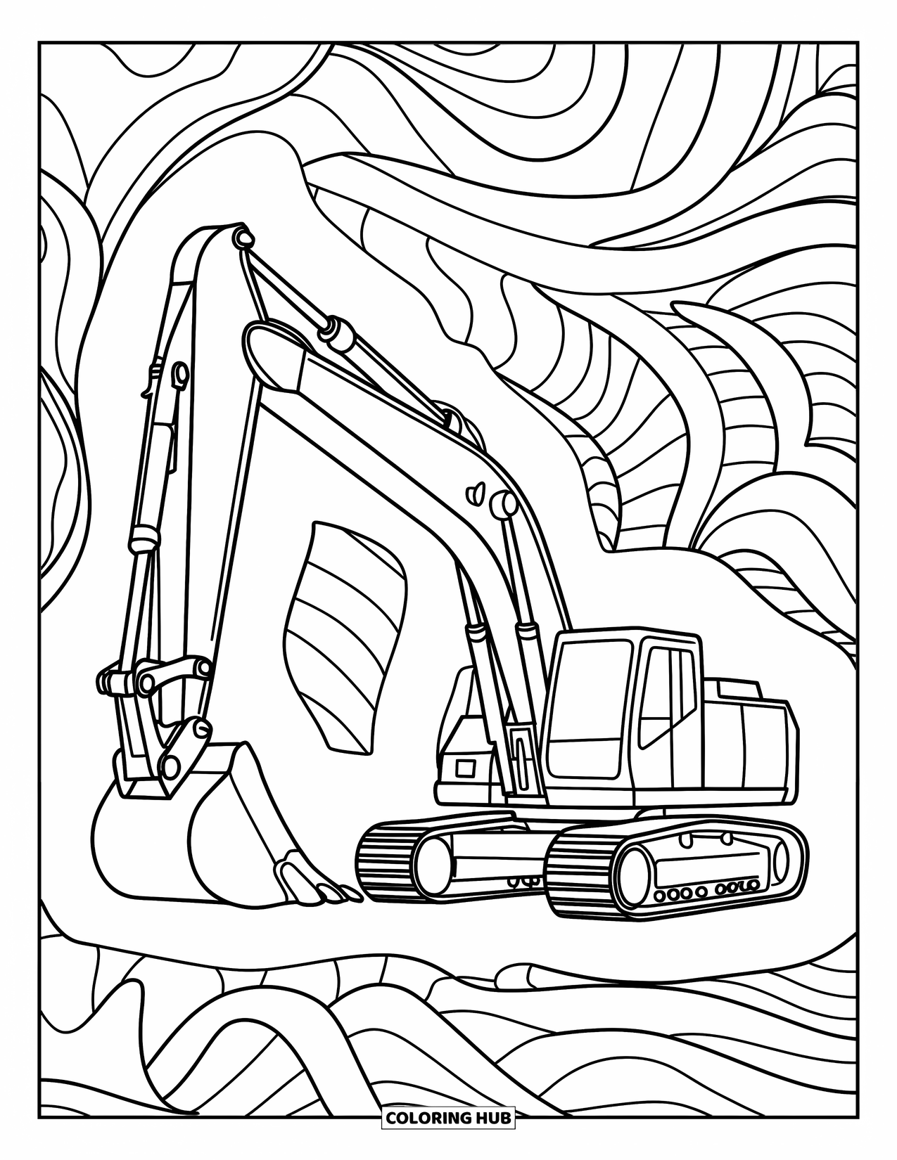 Excavator Coloring Page for Adults: An excavator stands out against swirling patterns and curved shapes