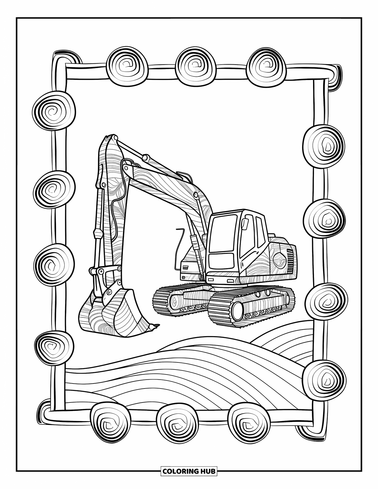 Excavator Coloring Page for Adults: An excavator with zentangle patterns is framed by spirals and waves