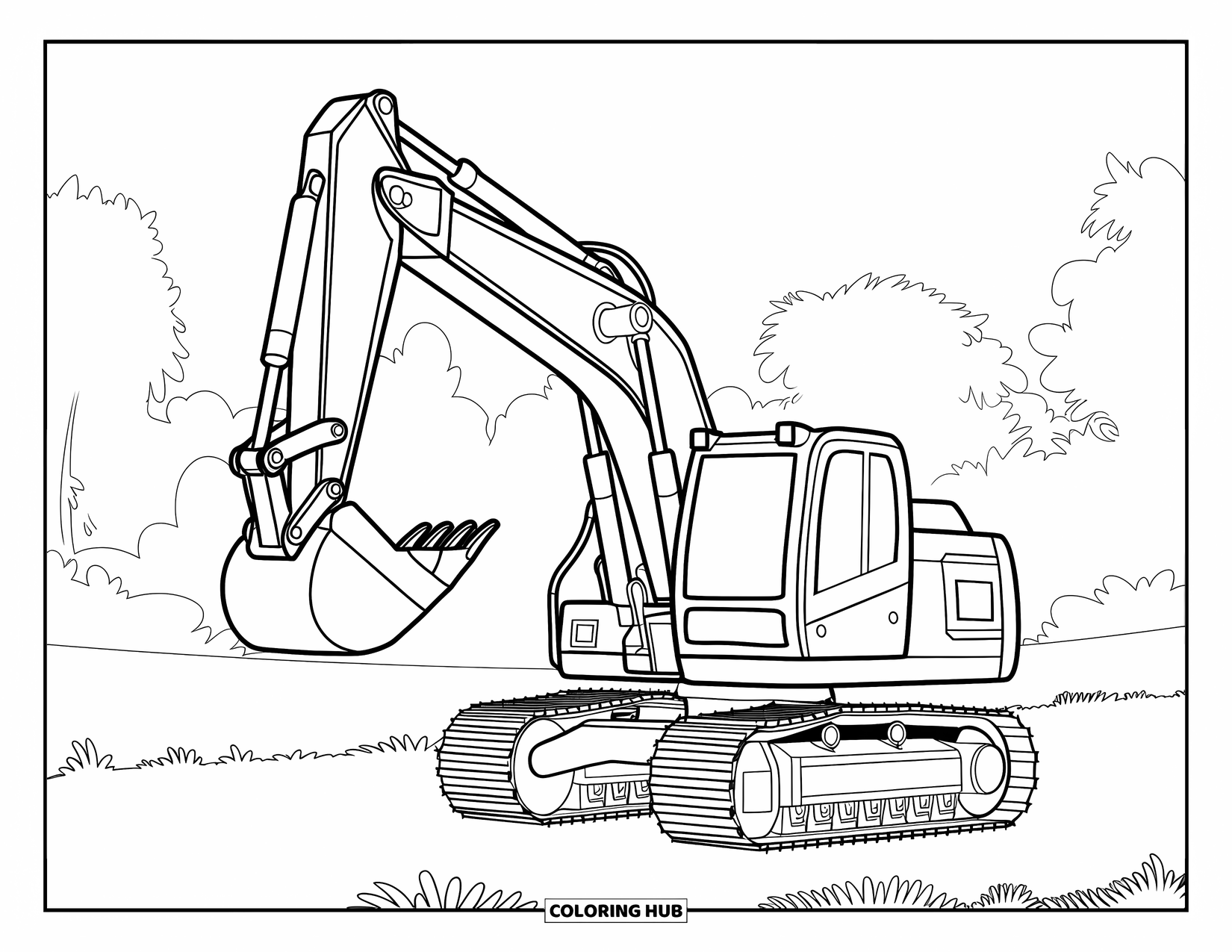 Excavator Coloring Page for Kids: A cheerful excavator with big wheels raises its arm on grassy ground
