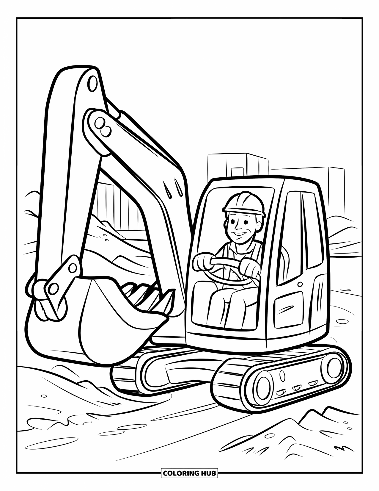 Excavator Coloring Page for Kids: A construction worker drives a big excavator near dirt piles and buildings