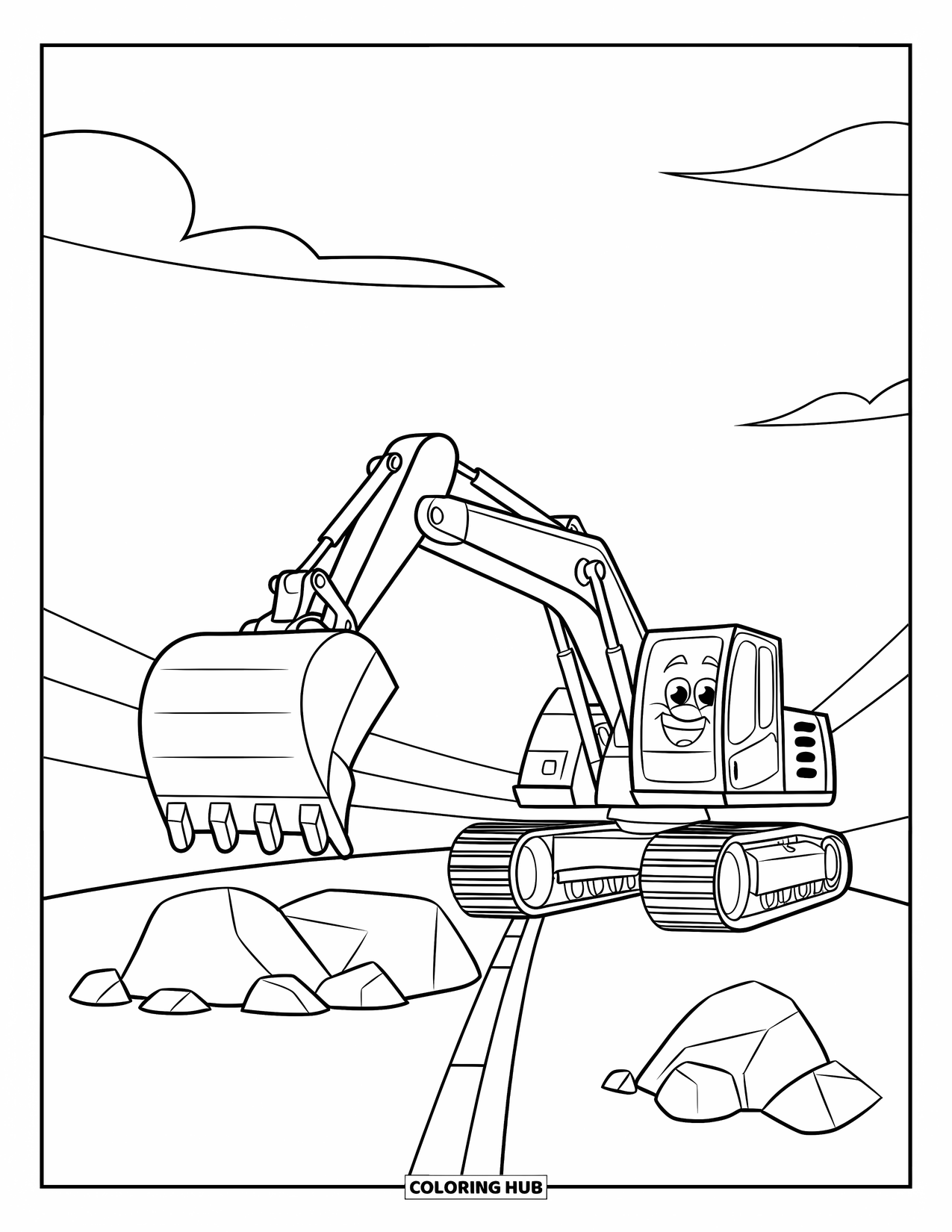 Excavator Coloring Page for Kids: A happy excavator lifts a large rock while smaller ones rest nearby