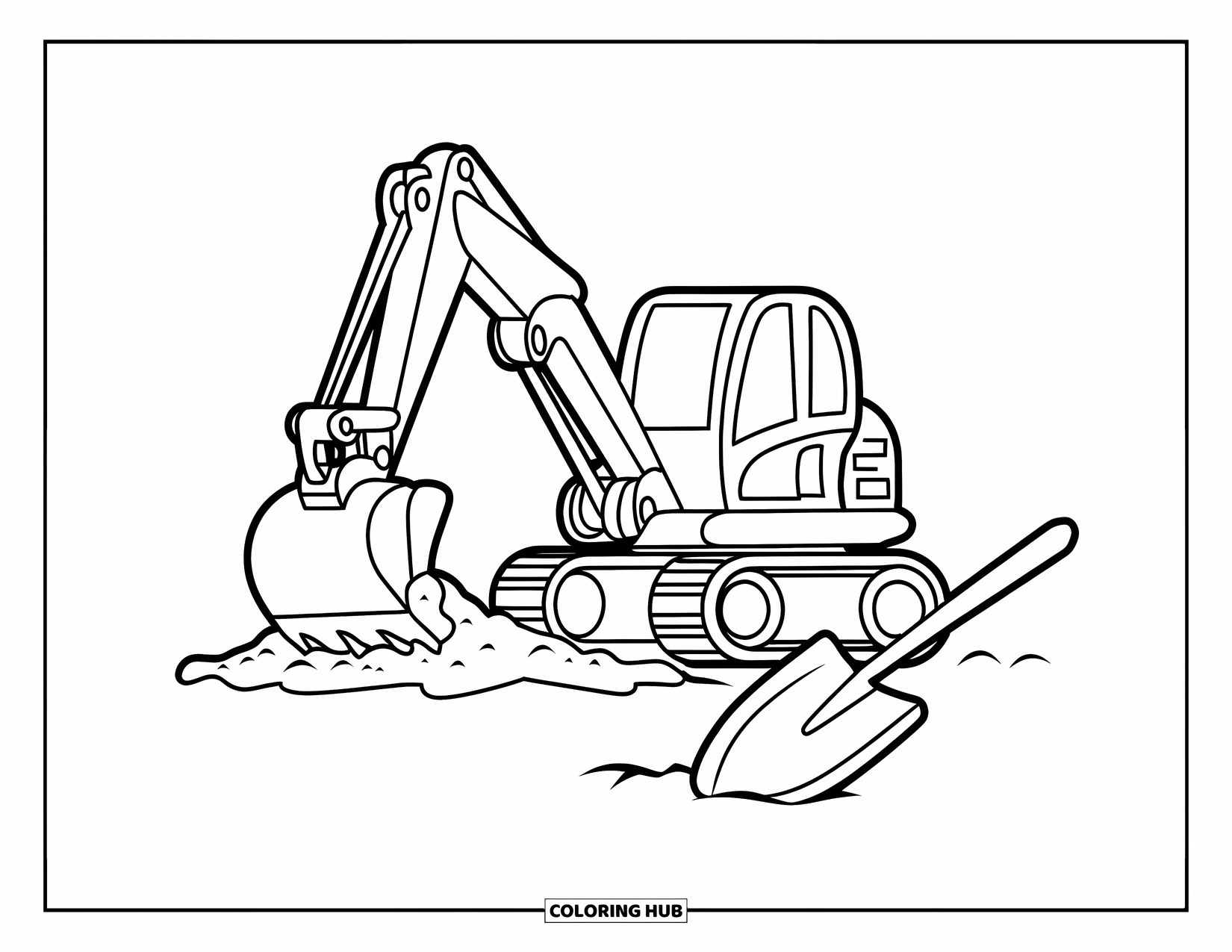 Excavator Coloring Page for Kids: A happy excavator scoops sand while a shovel rests in front
