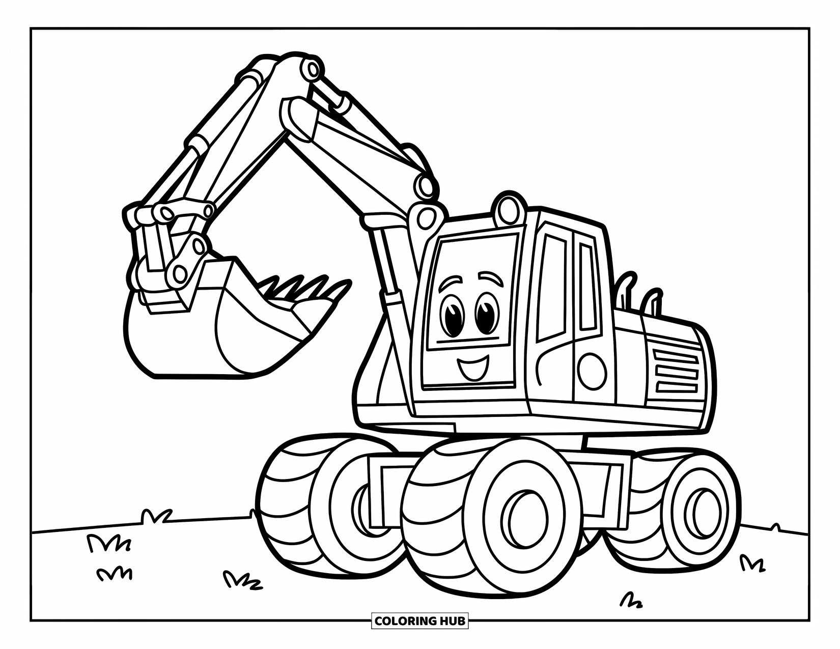 Excavator Coloring Page for Kids: A happy excavator stands on grass with trees in the background