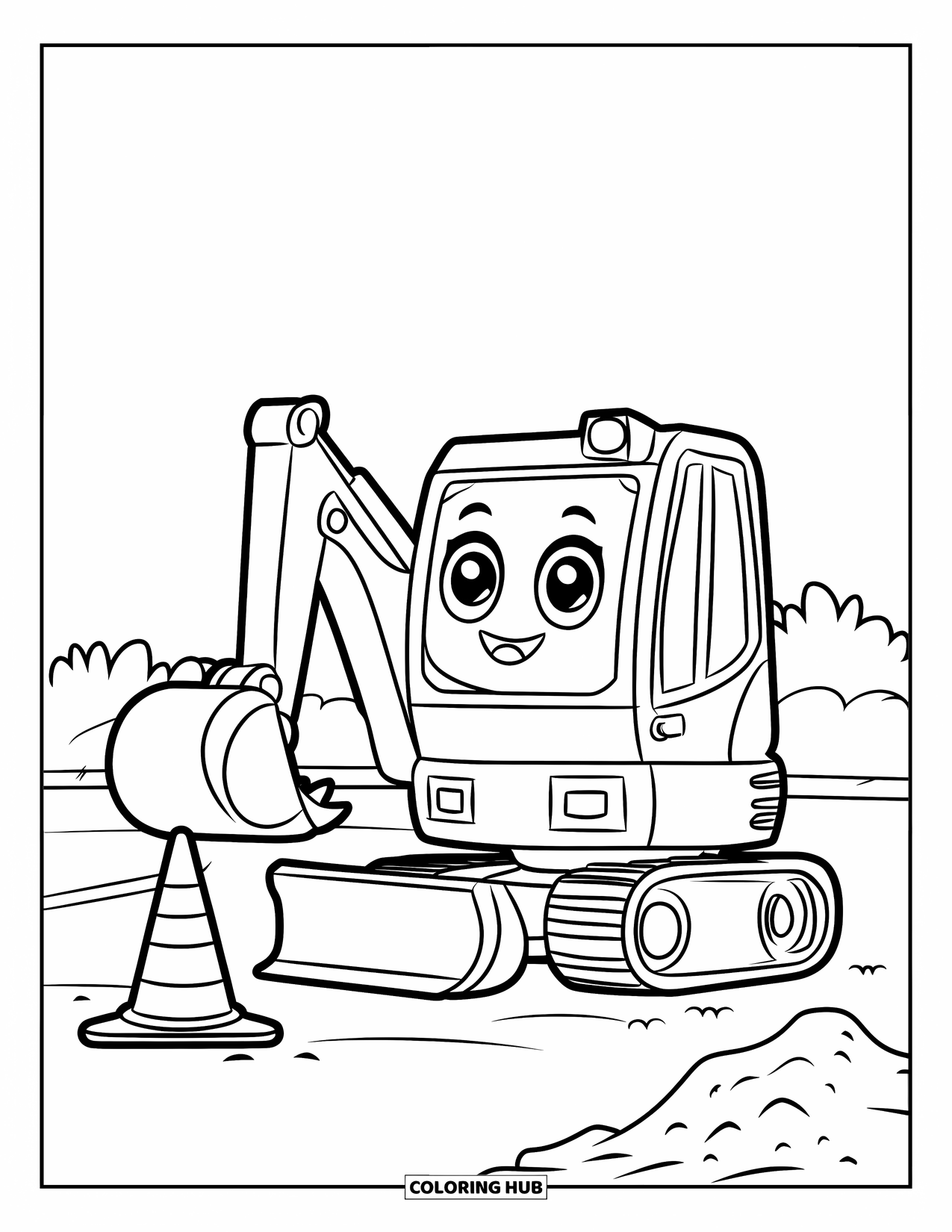Excavator Coloring Page for Kids: A happy excavator with big eyes parks near a dirt pile and nearby cone