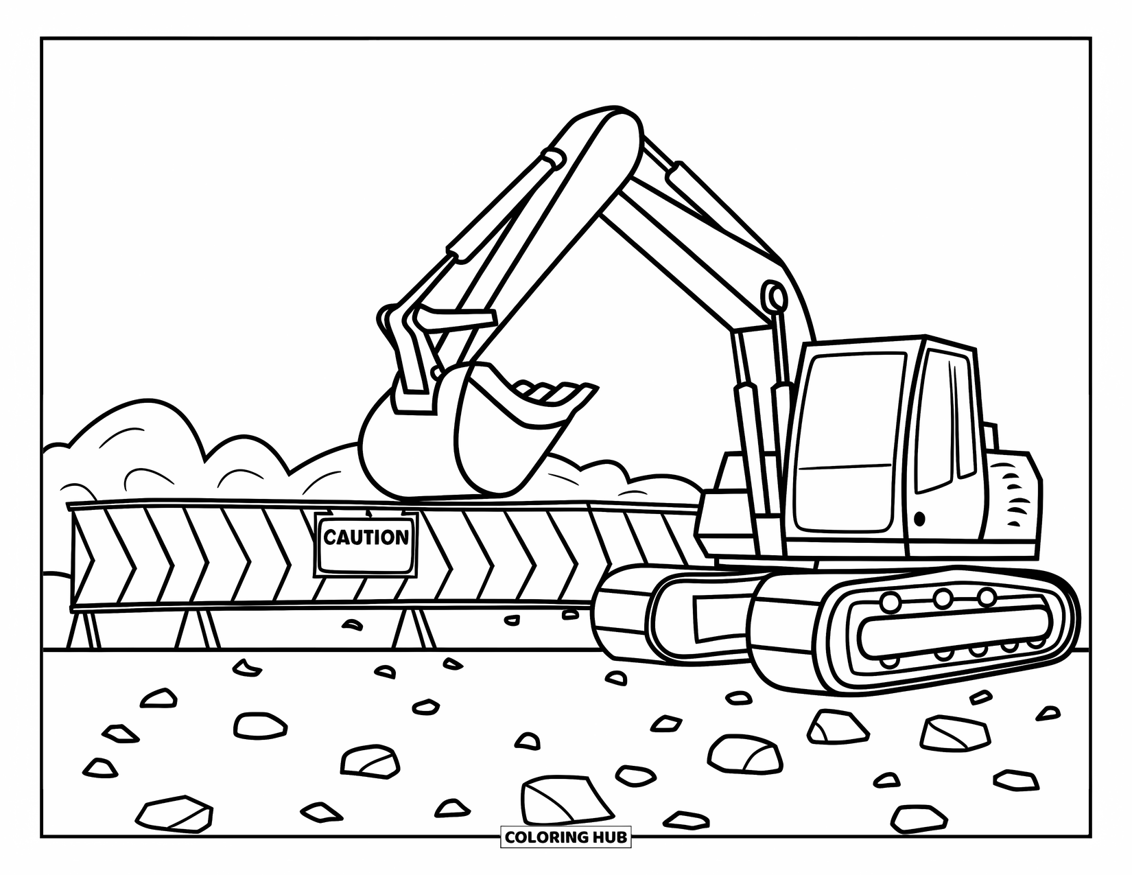 Excavator Coloring Page for Kids: A large excavator lifts its bucket beside a barrier and scattered stones