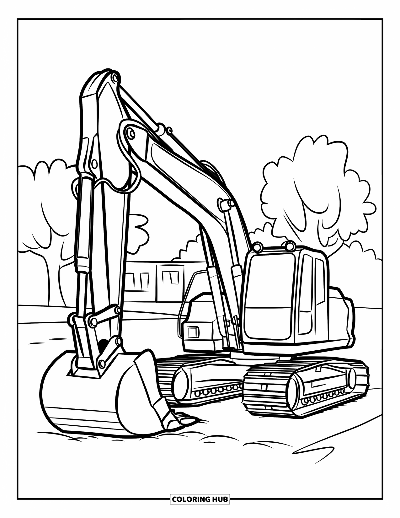 Excavator Coloring Page for Kids: A medium-sized excavator digs near a tree and building at a construction site