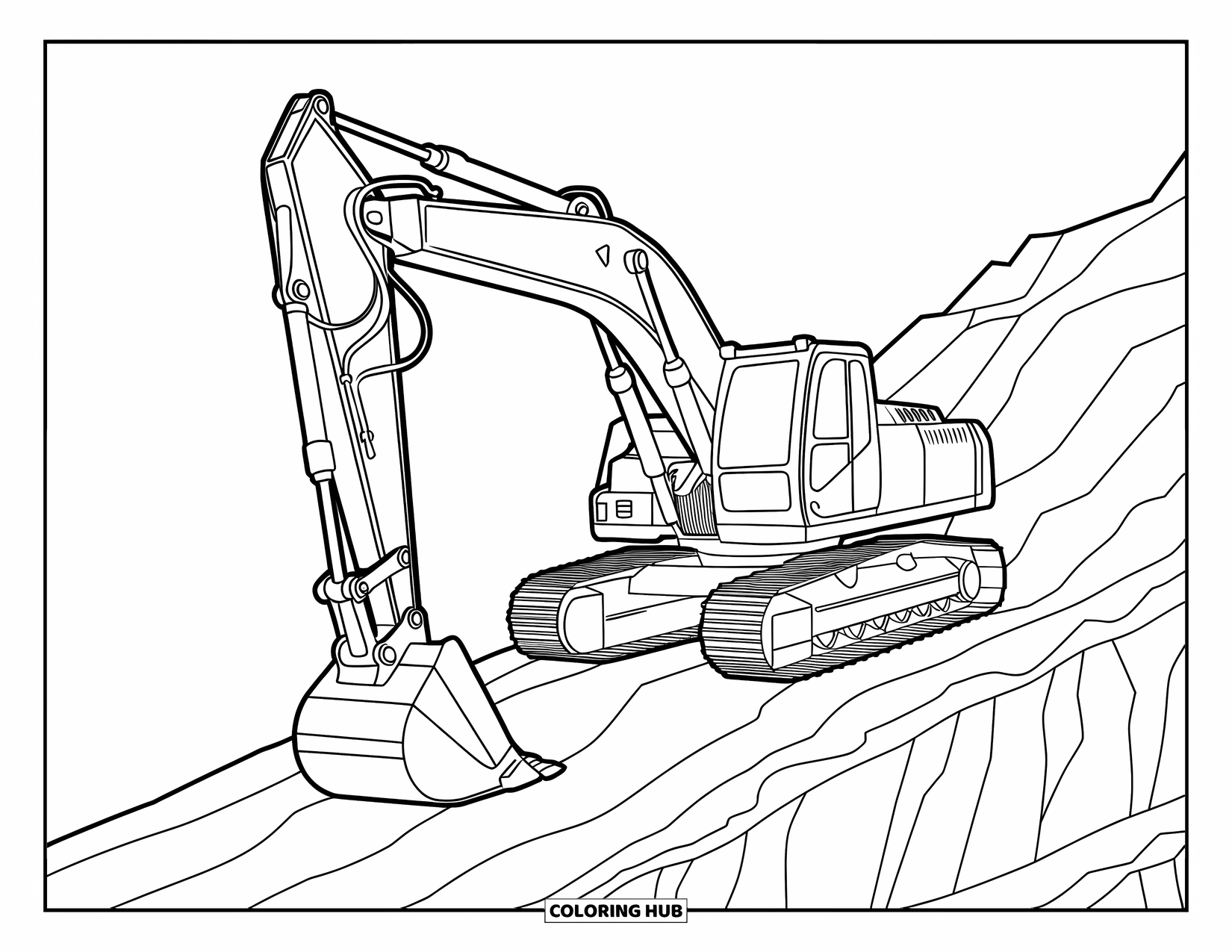 Excavator Coloring Page for Kids: A parked excavator rests on a rocky incline surrounded by stones