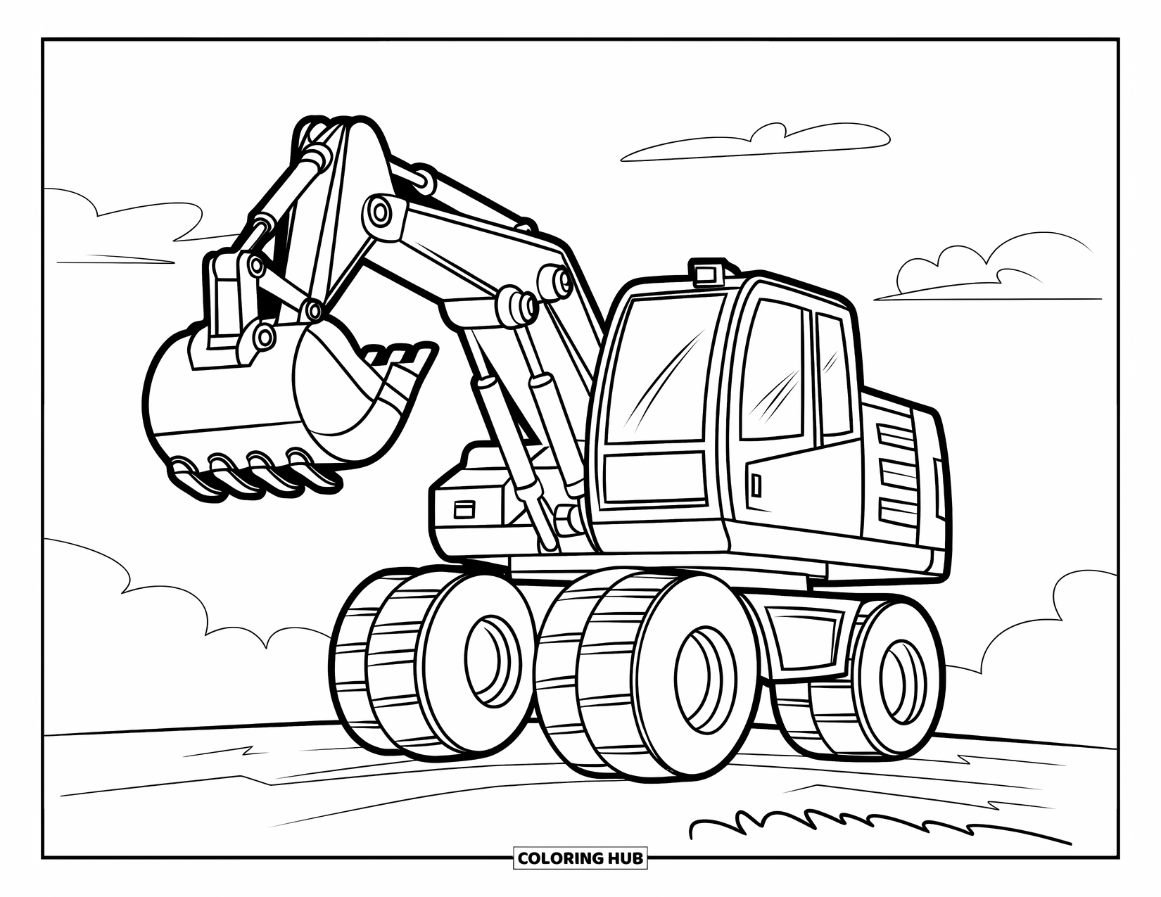 Excavator Coloring Page for Kids: A playful excavator stands on dirt under a sky with soft clouds