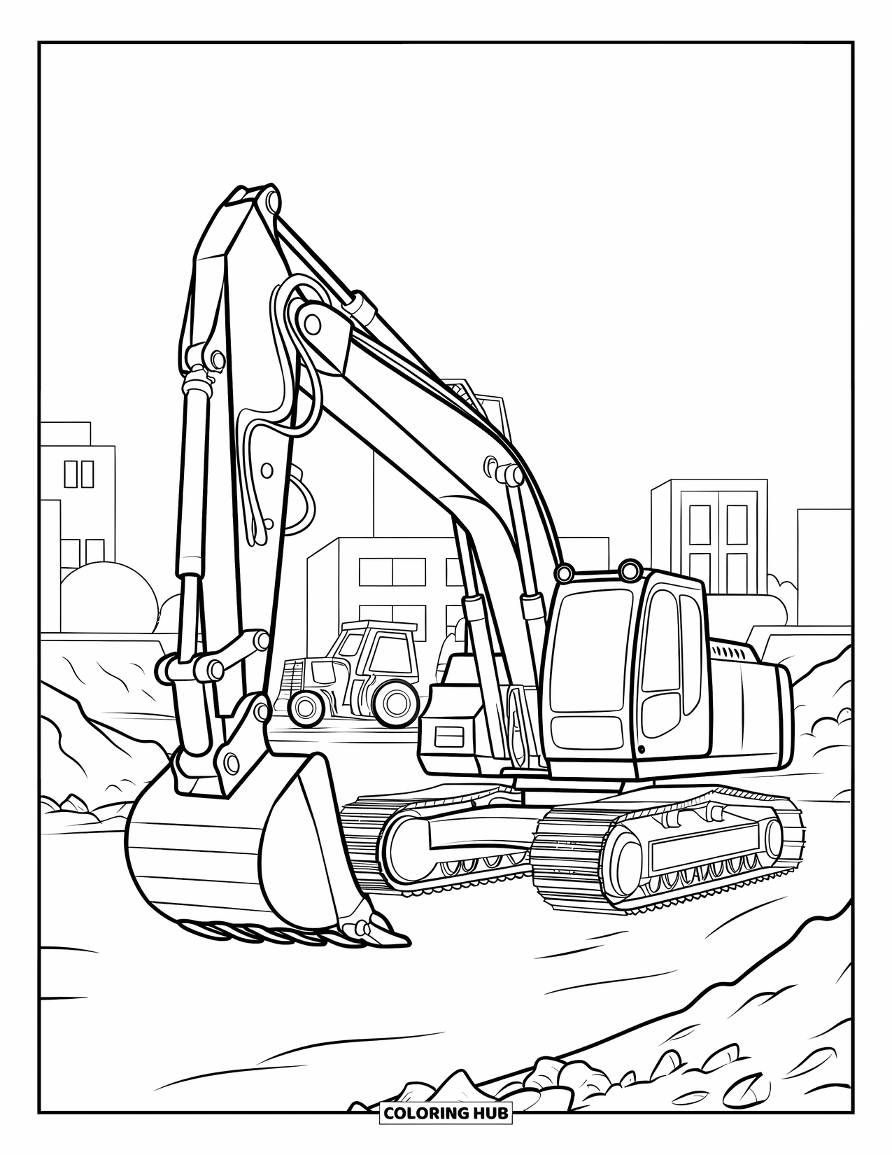 Excavator Coloring Page for Kids: A side-view excavator works on a busy site with other machines in the background
