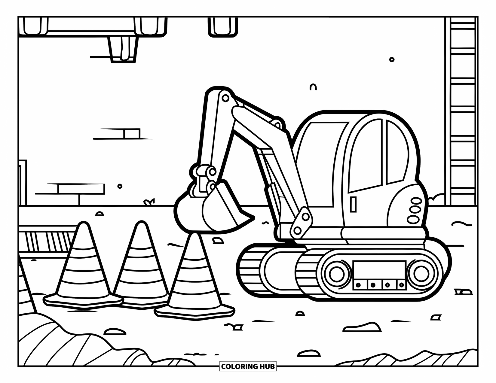 Excavator Coloring Page for Kids: A small excavator and traffic cones sit in a mini site with tools and a ladder