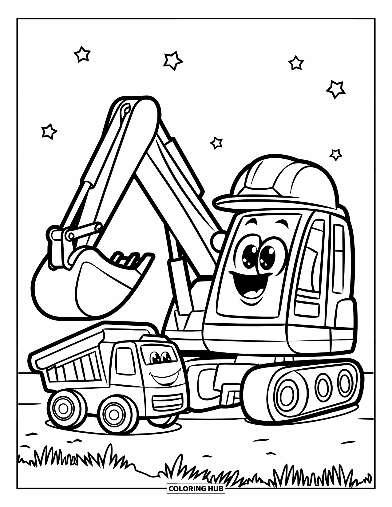 Excavator Coloring Page for Kids: A smiling excavator and toy truck rest under stars with grassy patches nearby