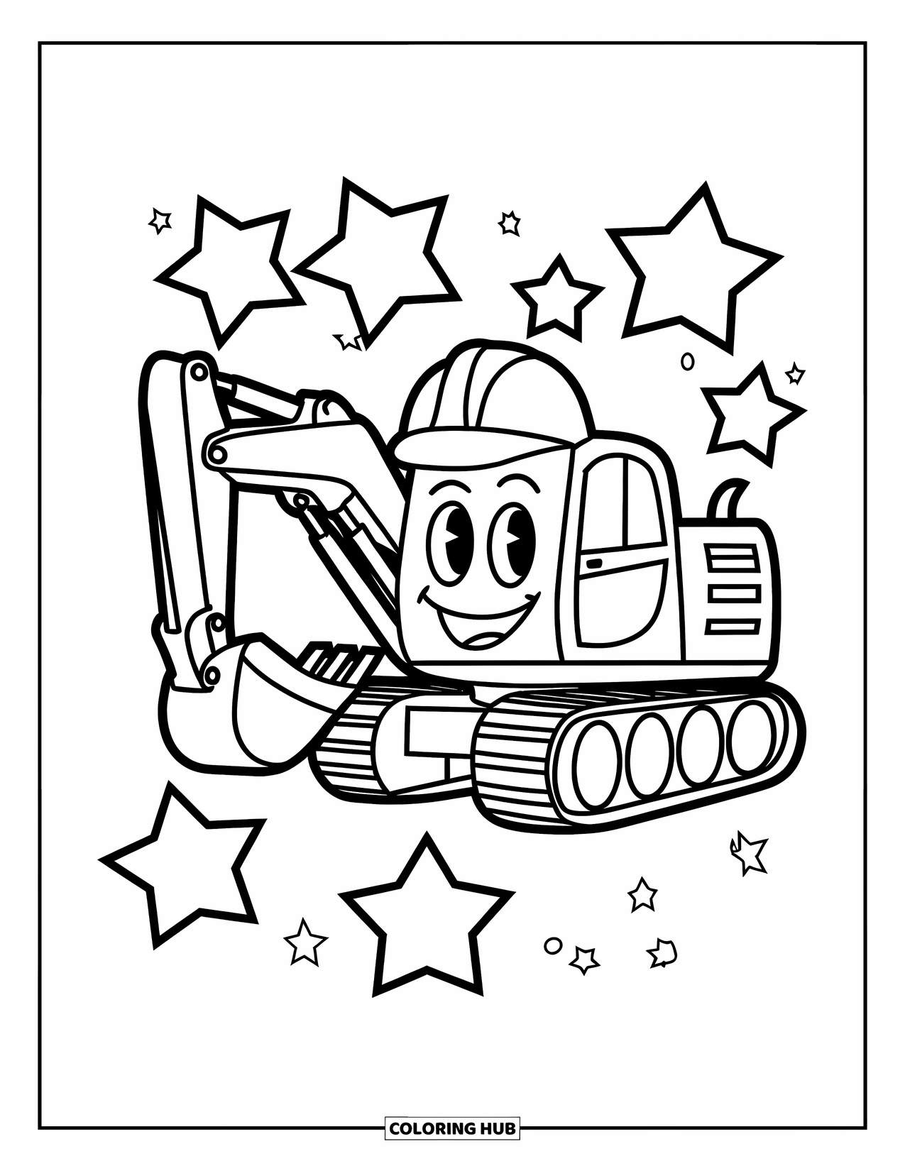 Excavator Coloring Page for Kids: A smiling excavator in a hard hat is surrounded by stars in a playful setting