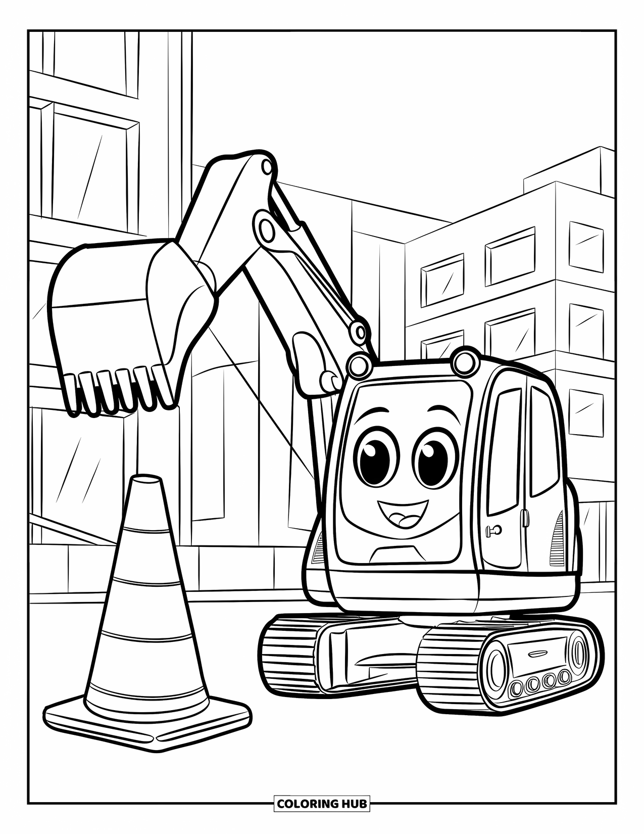 Excavator Coloring Page for Kids: A smiling excavator lifts its bucket near a cone, gears, and construction buildings