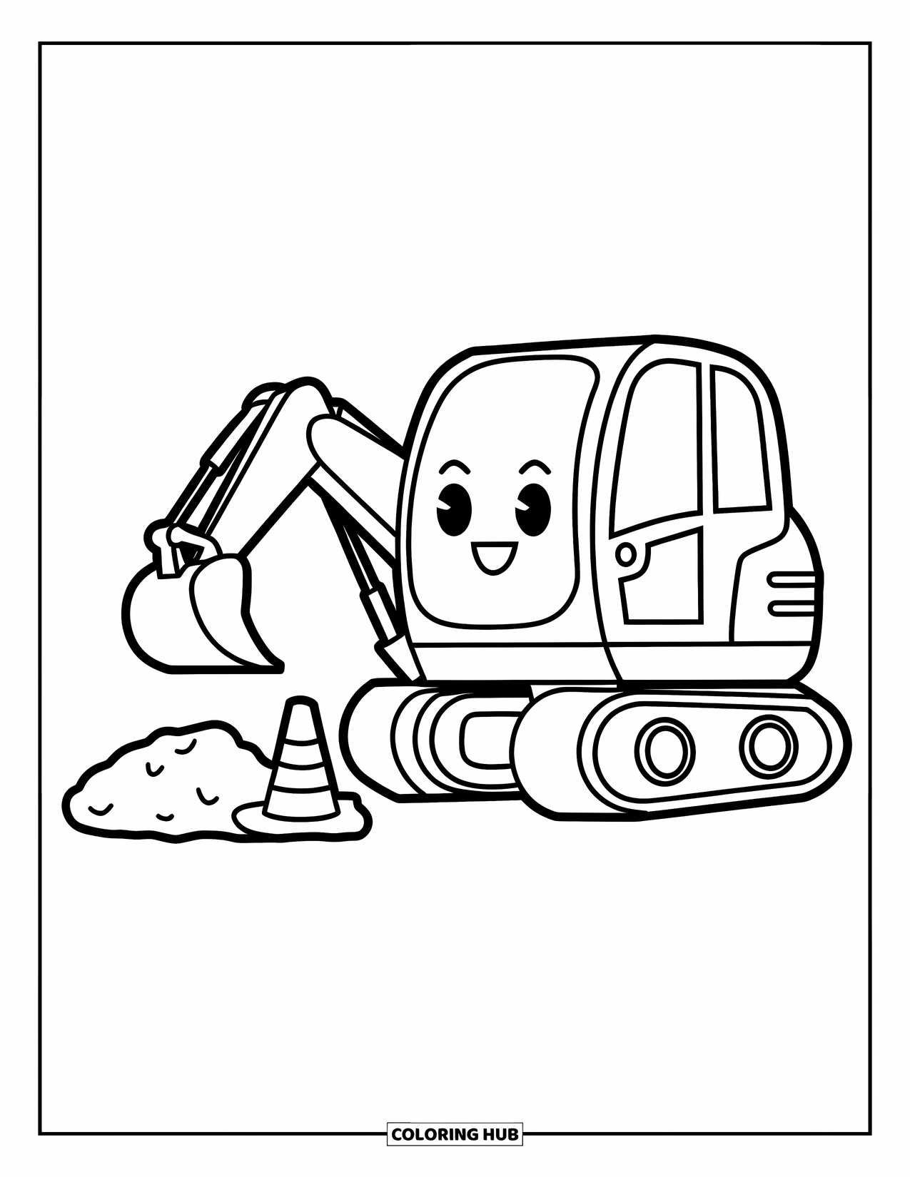 Excavator Coloring Page for Kids: A smiling excavator rests beside a small dirt pile and a single cone