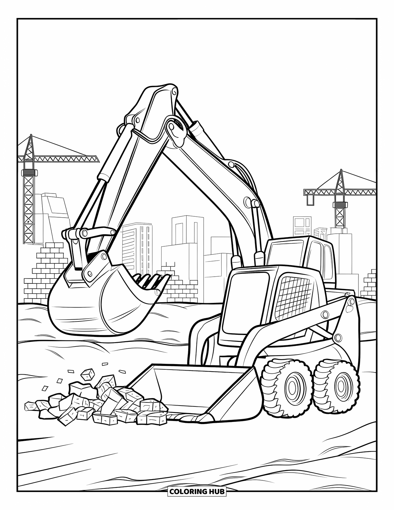 Excavator Coloring Page for Kids: An excavator and loader move rubble around a busy construction site