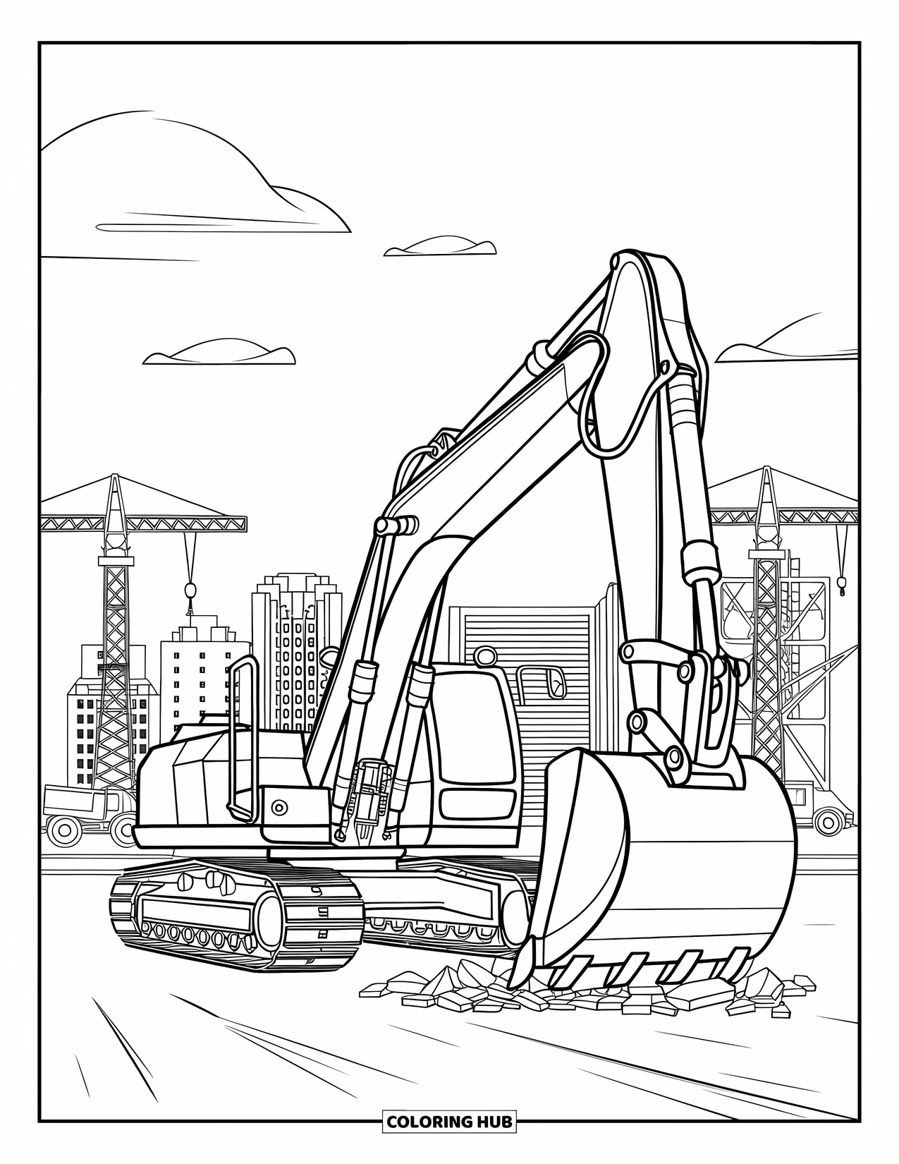 Excavator Coloring Page for Kids: An excavator clears rubble at a city construction site with cranes and trucks nearby