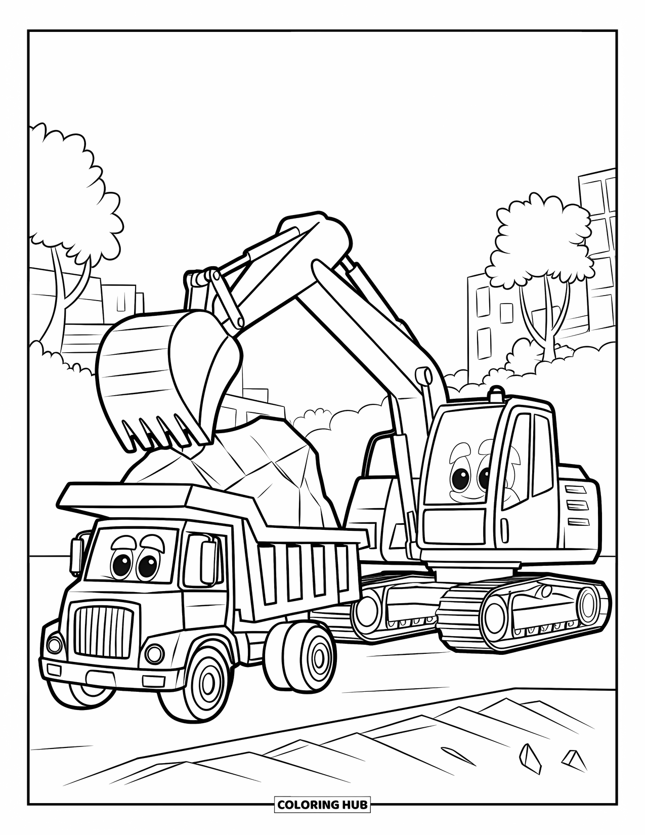 Excavator Coloring Page for Kids: An excavator lifts a rock as a dump truck waits nearby near trees and buildings